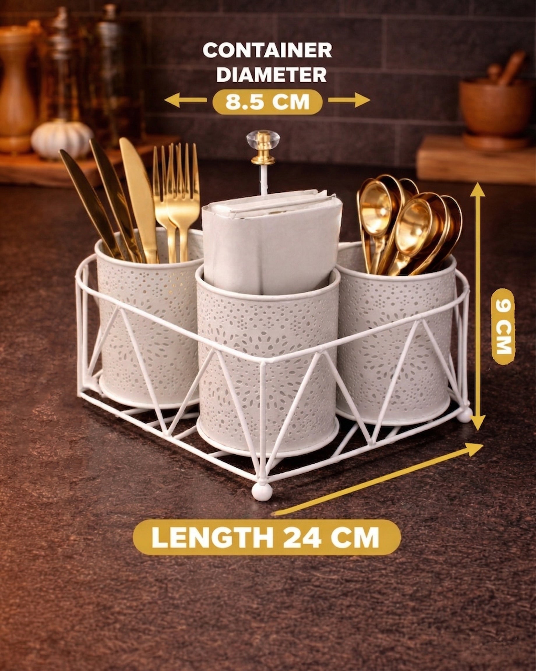 Premium 3-Compartment Metal Cutlery & Napkin Holder | Elegant Cream Finish Galvanized Organizer with Stand | Spoon, Fork, Knife & Tissue Storage for Dining Table & Kitchen Décor