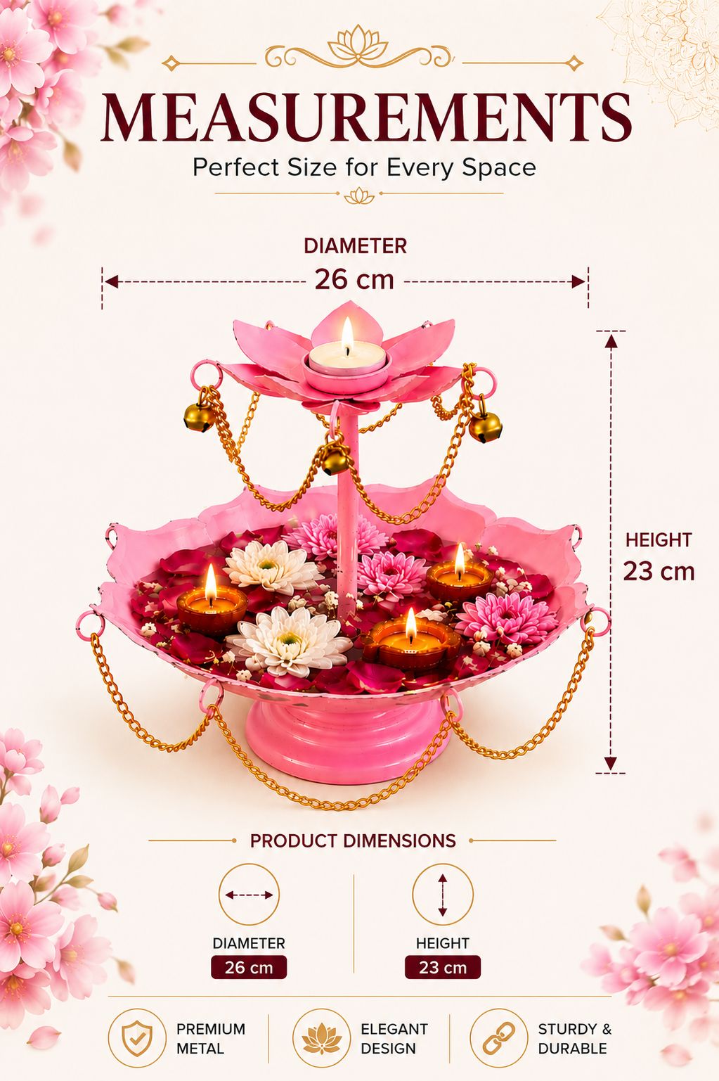 Pink Metal Urli Bowl with Diya Stand & Hanging Chain Design for Floating Flowers & Candles | Decorative Centerpiece for Diwali, Wedding, Home Décor & Festive Gifting