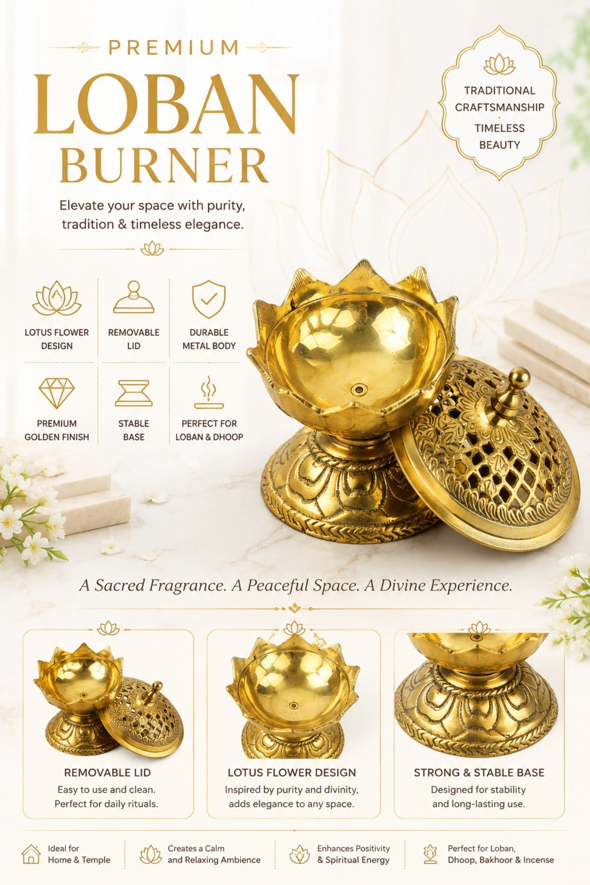 Premium Brass Lotus Loban Burner with Removable Lid | Handcrafted Brass Dhoop Dani for Loban, Sambrani Cups, Bakhoor, Resin Incense & Dhoop | Decorative Incense Burner for Home Temple, Meditation & Gifting