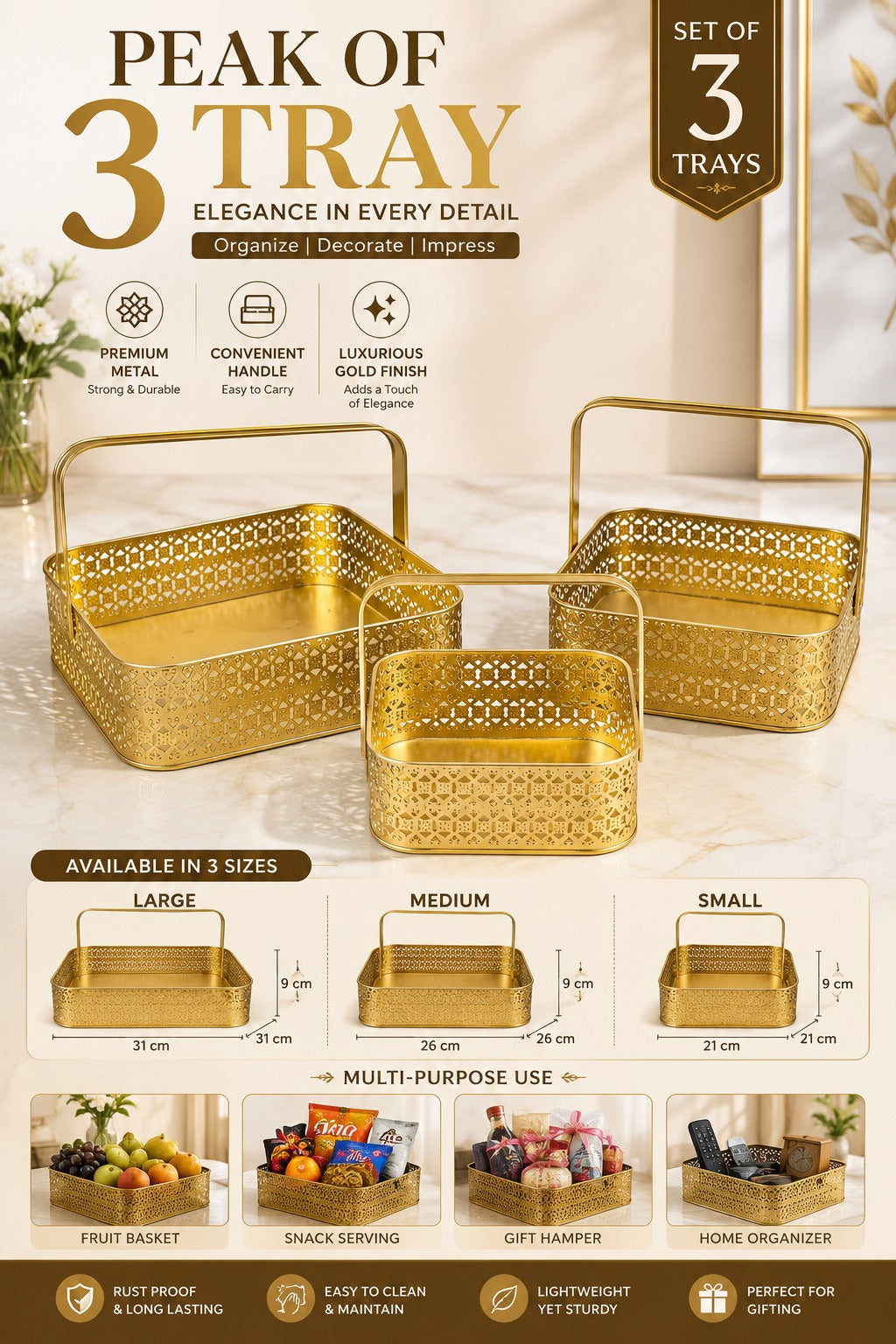 Premium Golden Metal Basket Set of 3 with Handle | Large, Medium & Small Multipurpose Storage Baskets | Gift Hamper, Fruit Basket, Kitchen Organizer, Vanity & Home Decor | Gold Finish