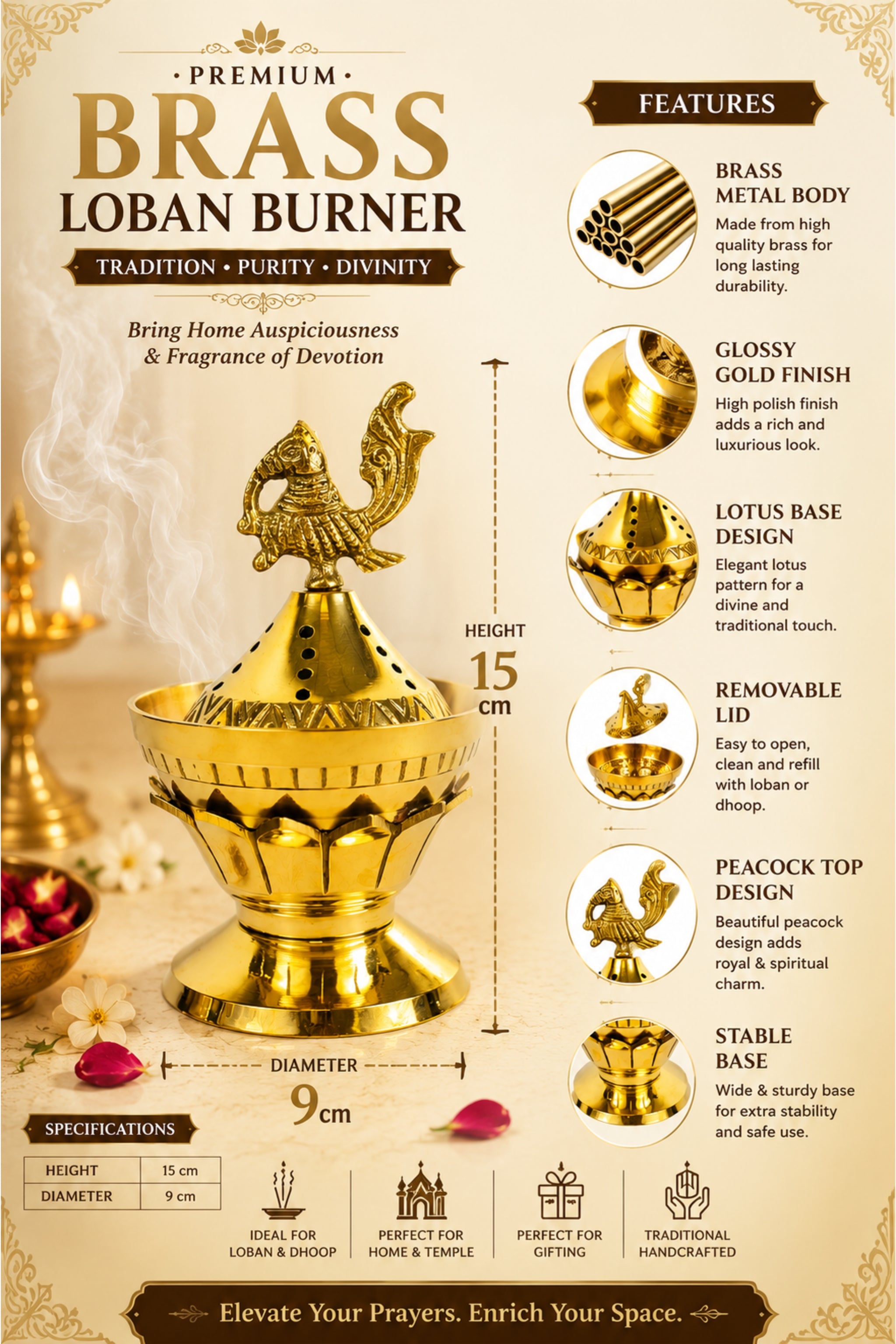 Brass Loban Incense Burner | Peacock Design Dhoop Dani Dhuni Sambrani Bakhoor Burner | Decorative Incense Holder for Home & Temple