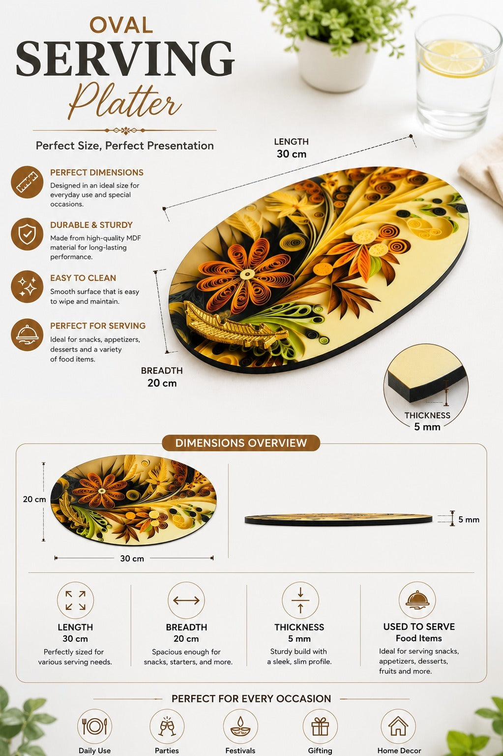 Premium MDF Snack Serving Platter with 2 Glass Dip Bowls | Decorative Serving Tray with Gold Feather Handles | Multipurpose Food Serving Board for Samosa, Momos, Fries, Nachos, Pizza & Snacks (Copy)