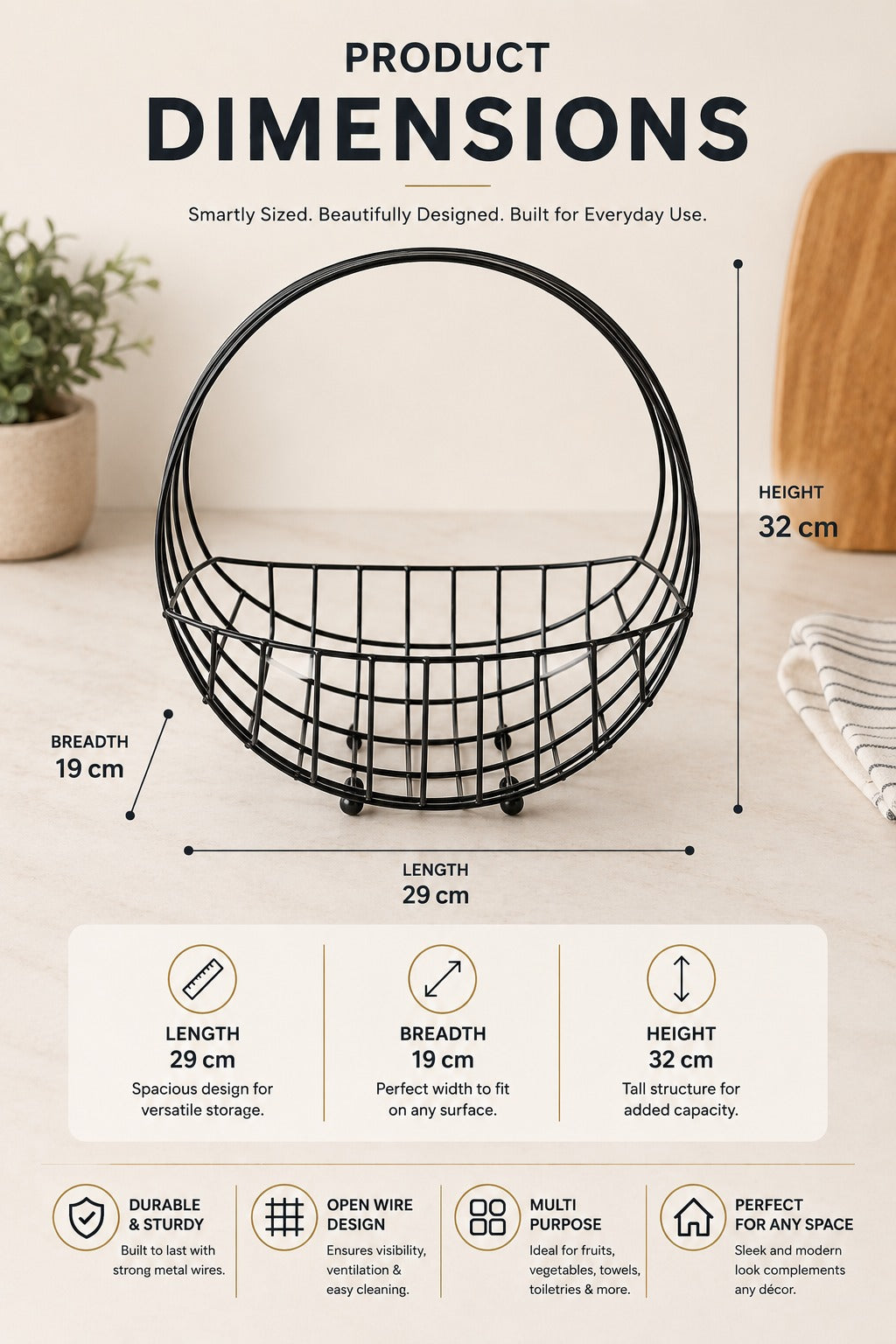Modern Metal Fruit Basket with Arch Handle | Semi Round Wire Storage Basket | Kitchen & Dining Organizer