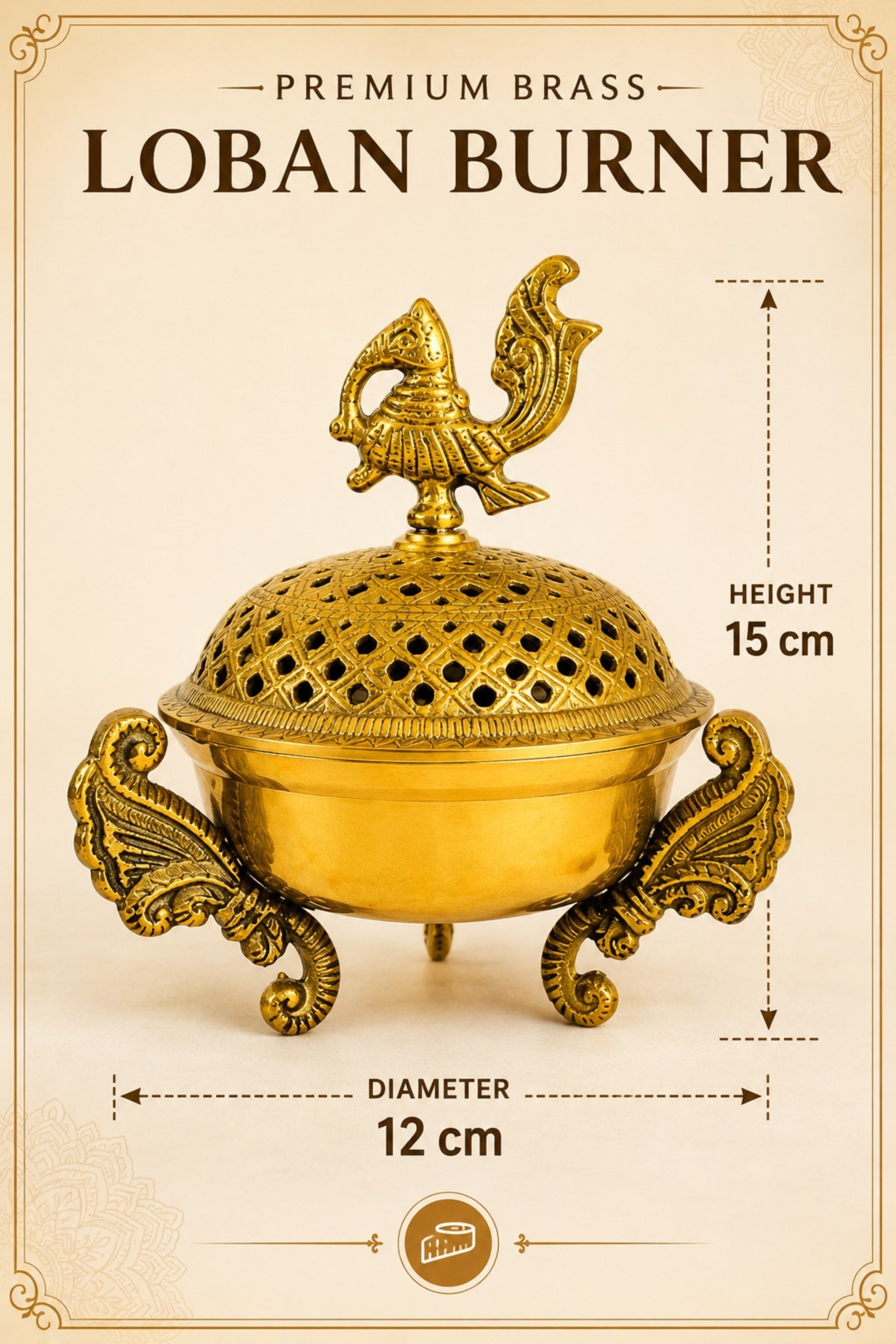 Premium Brass Loban Burner with Peacock Top | Handcrafted Brass Dhoop Dani for Loban, Sambrani Cups, Dhoop, Bakhoor & Resin Incense | Decorative Pooja Dhuni Burner for Home Temple & Meditation