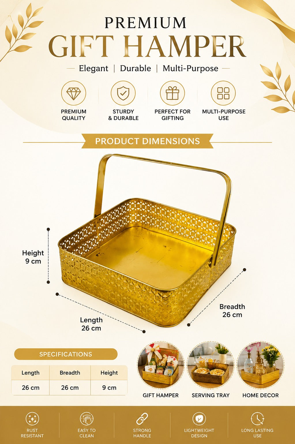 Premium Golden Metal Gift Basket with Handle | Medium Decorative Storage Basket | Multipurpose Fruit Basket, Dry Fruit Hamper, Pooja Basket & Home Organizer | 26 x 26 x 9 cm