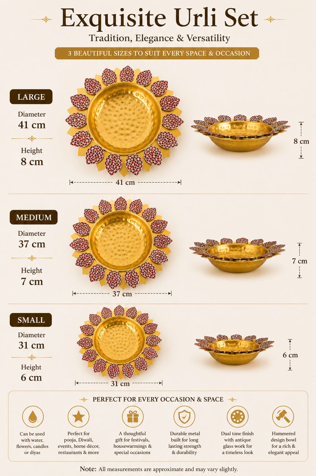 Premium Lotus Urli Bowl Set of 3 with Antique Glass Leaf Design | Decorative Metal Floating Flower Bowls for Water, Candles & Tea Lights | Traditional Urli for Diwali, Pooja, Wedding & Home Décor