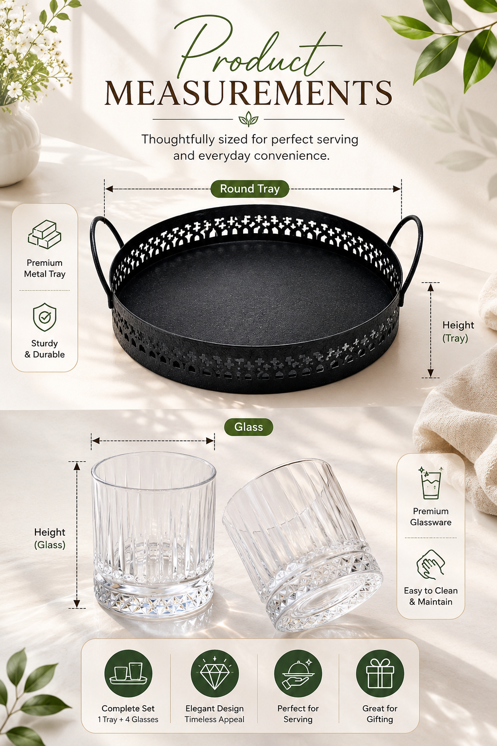 Premium Metal Serving Tray with 4 Crystal Glasses | Round Beverage Serving Set with Decorative Cutout Design & Side Handles | Tea, Juice, Water & Cocktail Glass Set for Home, Dining & Gifting