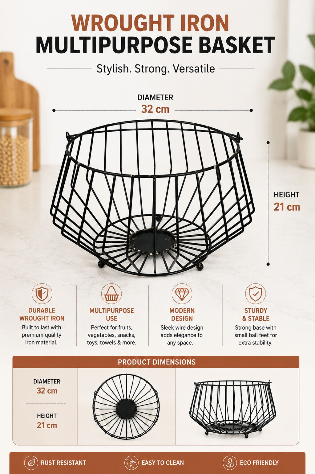 Modern Metal Fruit Basket with Handle | Round Wire Storage Basket | Kitchen & Dining Table Organizer