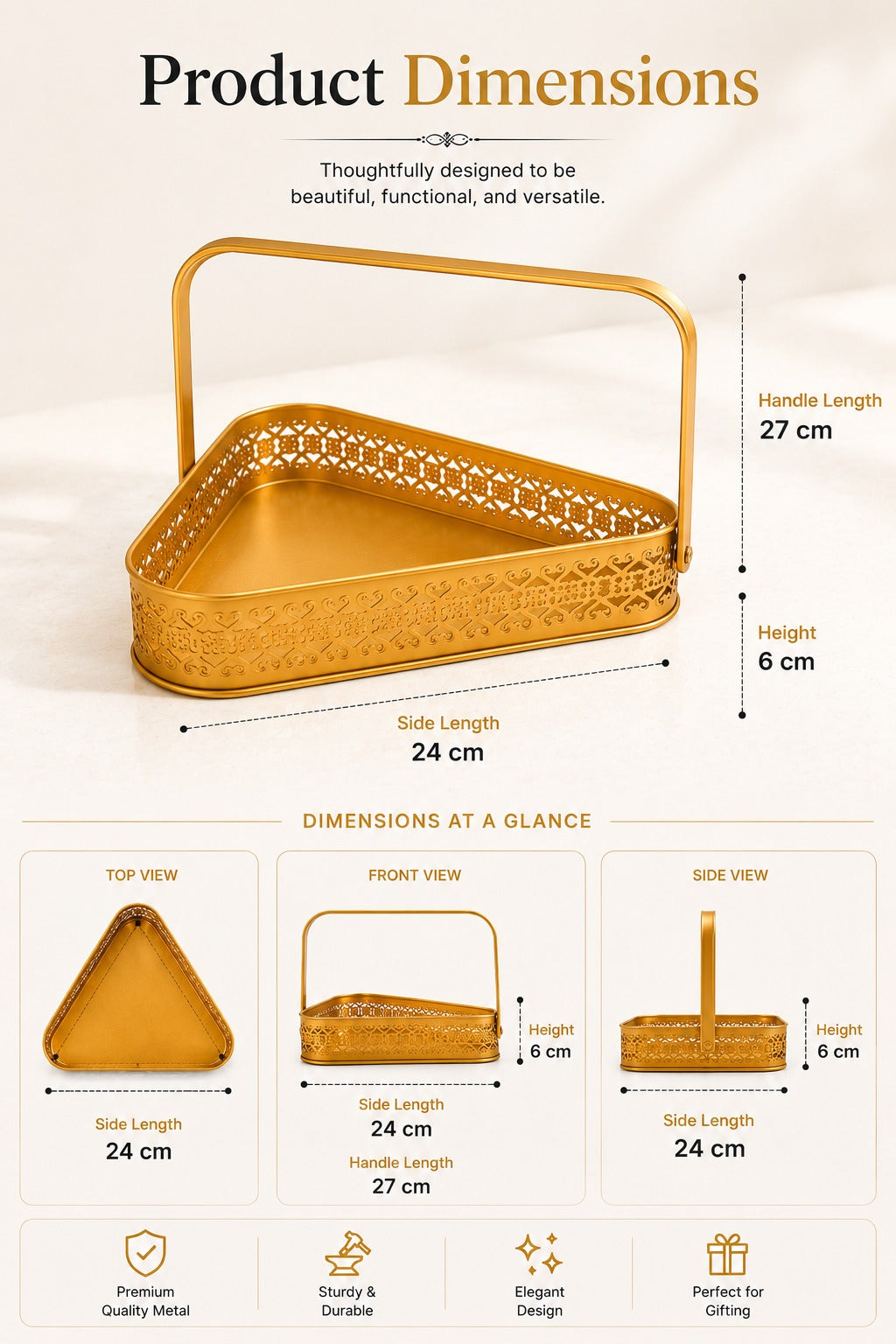 Premium Triangle Metal Basket with Handle (Large) | Decorative Gold Serving Basket | Gift Hamper Basket | Dry Fruit, Snacks & Organizer Tray | Metal Storage Basket for Home Décor