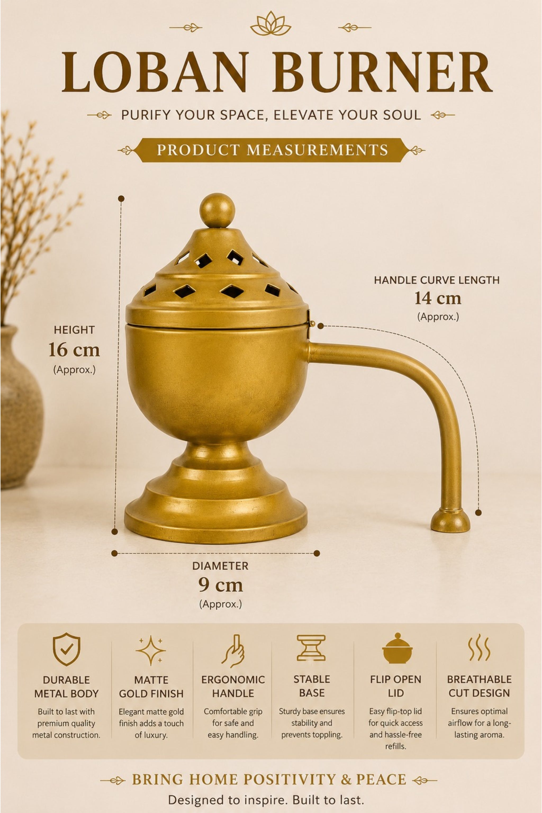Brass Finish Metal Dhoop Dani with Wooden Handle & Lid for Pooja, Loban & Sambrani Burning | Covered Incense Burner for Home Temple, Havan, Vastu & Premium Festive Gift Item