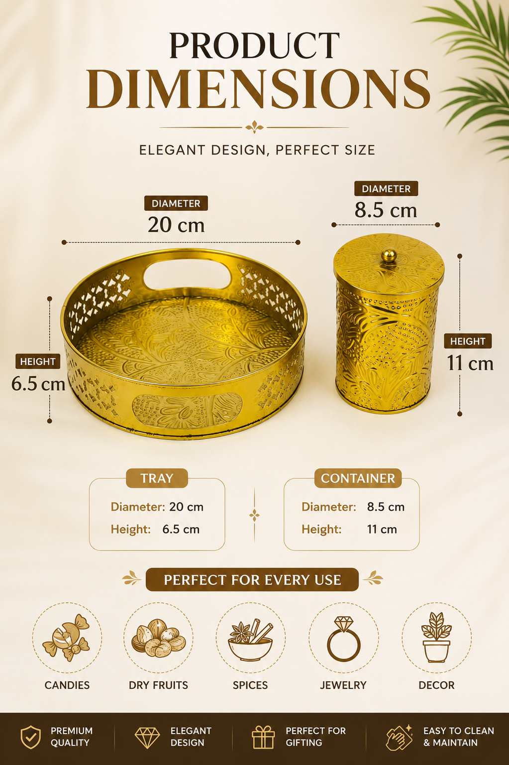 Premium Brass Dry Fruit Container Set with Tray | 3 Storage Jars with Lids | Decorative Brass Serveware | Dry Fruit, Mukhwas, Candy & Spice Organizer | Gift Set