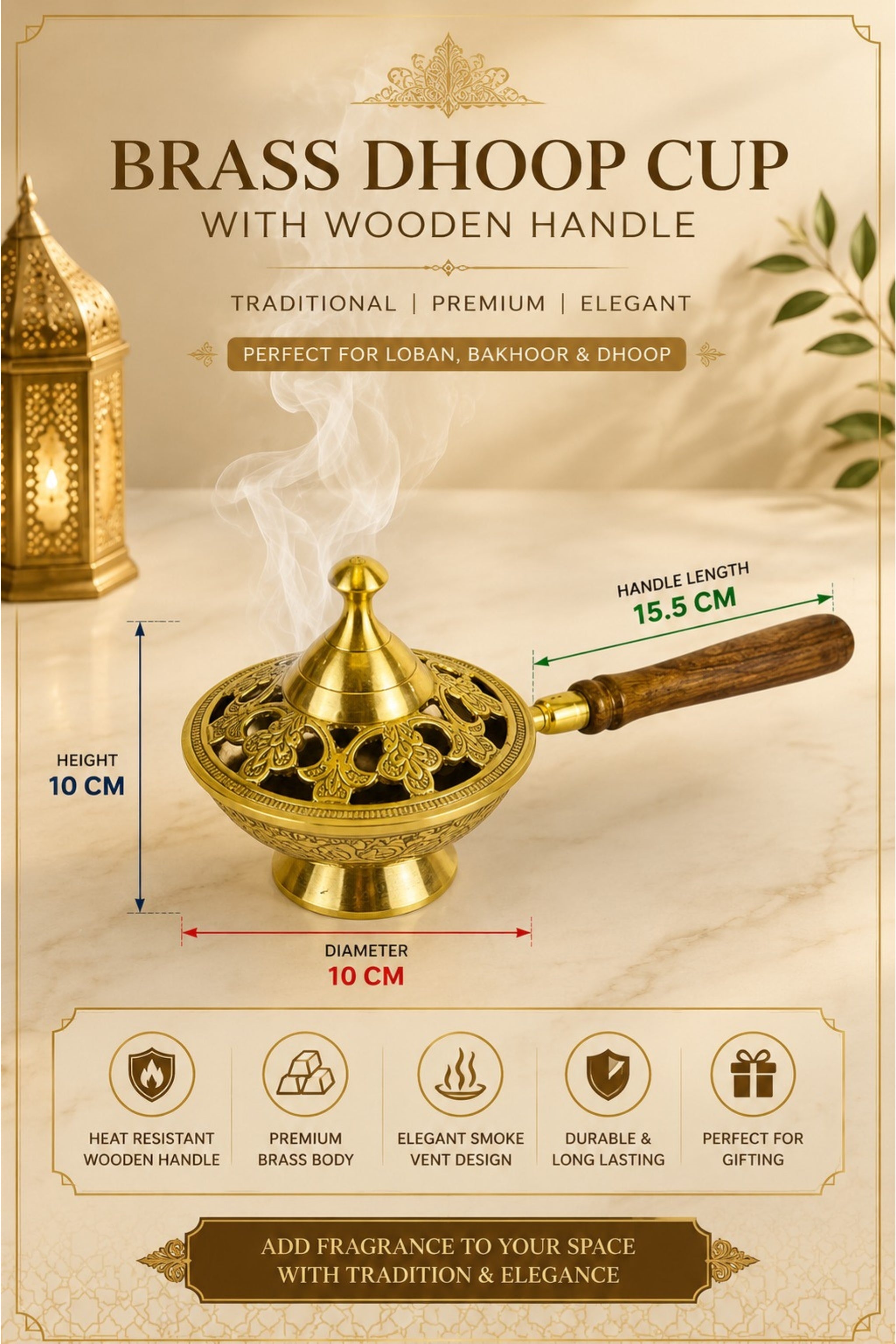 Premium Brass Loban Burner with Wooden Handle | Handcrafted Brass Dhoop Dani for Loban, Sambrani Cups, Bakhoor, Camphor & Resin Incense | Antique Floral Brass Incense Burner for Home Temple, Meditation & Gifting