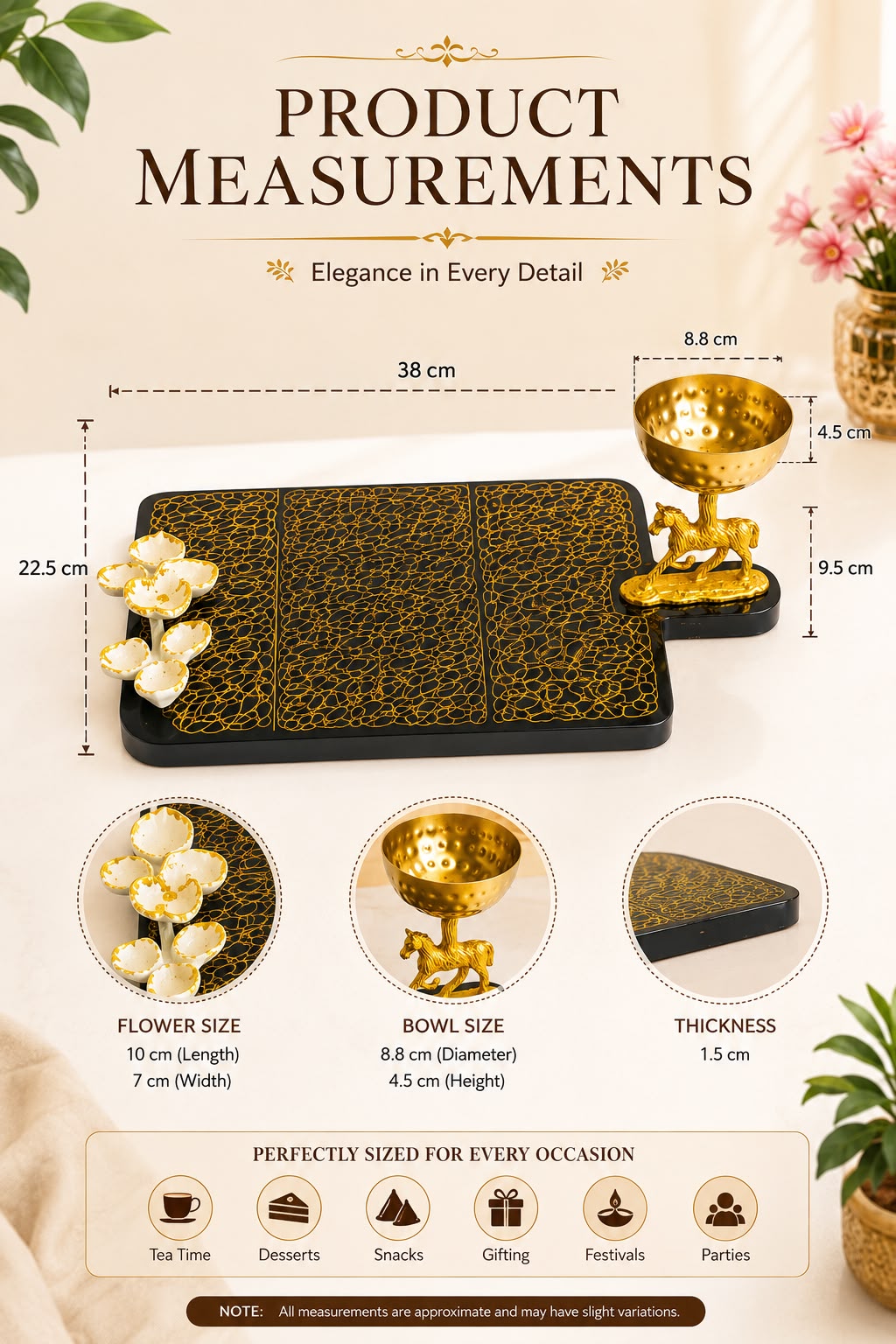 Premium MDF Serving Platter with Golden Horse Dip Bowl | Decorative Snack Serving Board | Burger, Fries, Pizza & Appetizer Serving Tray | Luxury Food Serving Platter | Black & Gold