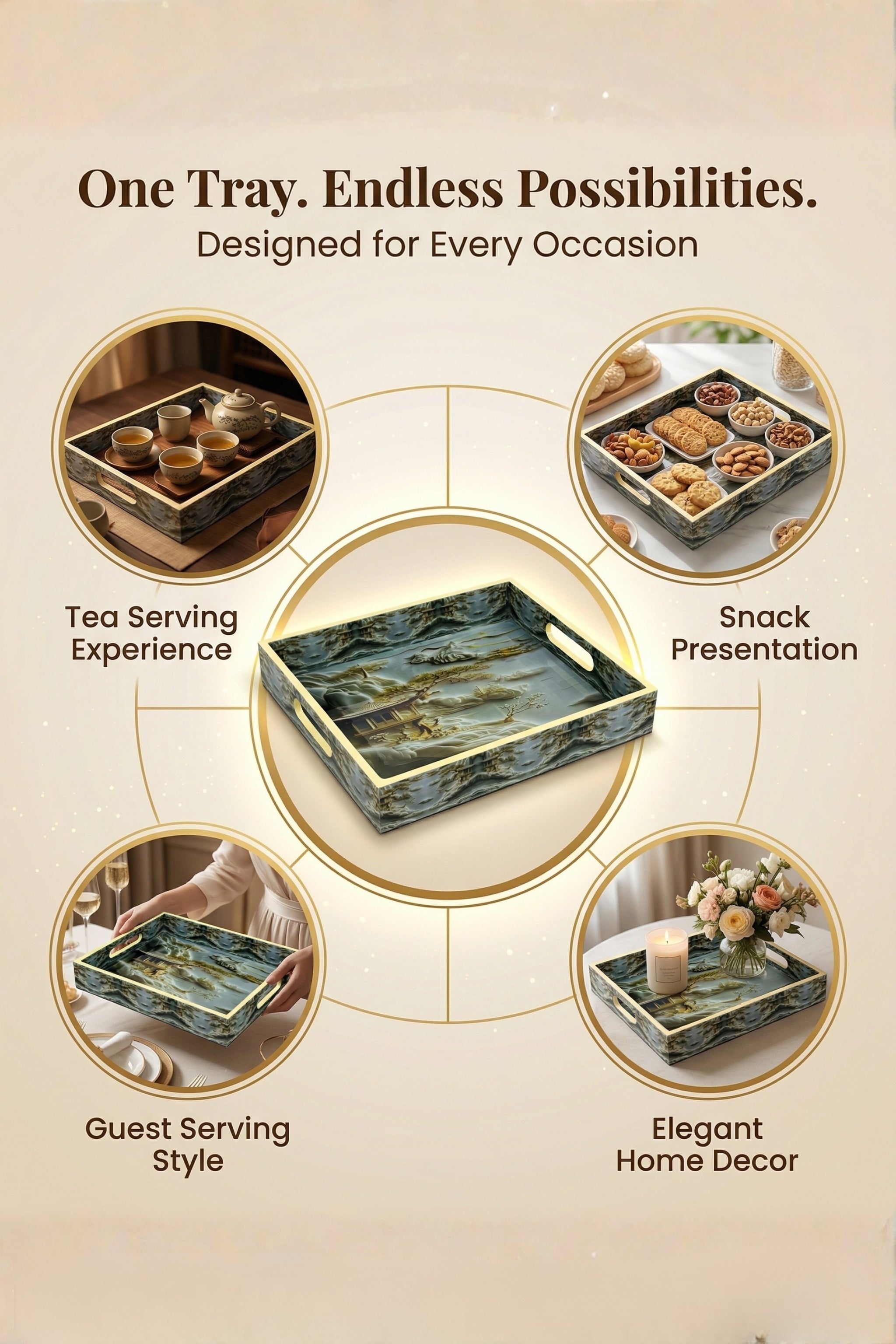 Premium Decorative Serving Tray Set of 2 with Gold Handles | Resin Art Wooden Serving Trays for Tea, Coffee, Snacks, Breakfast & Home Décor | Luxury Vanity, Ottoman & Coffee Table Organizer