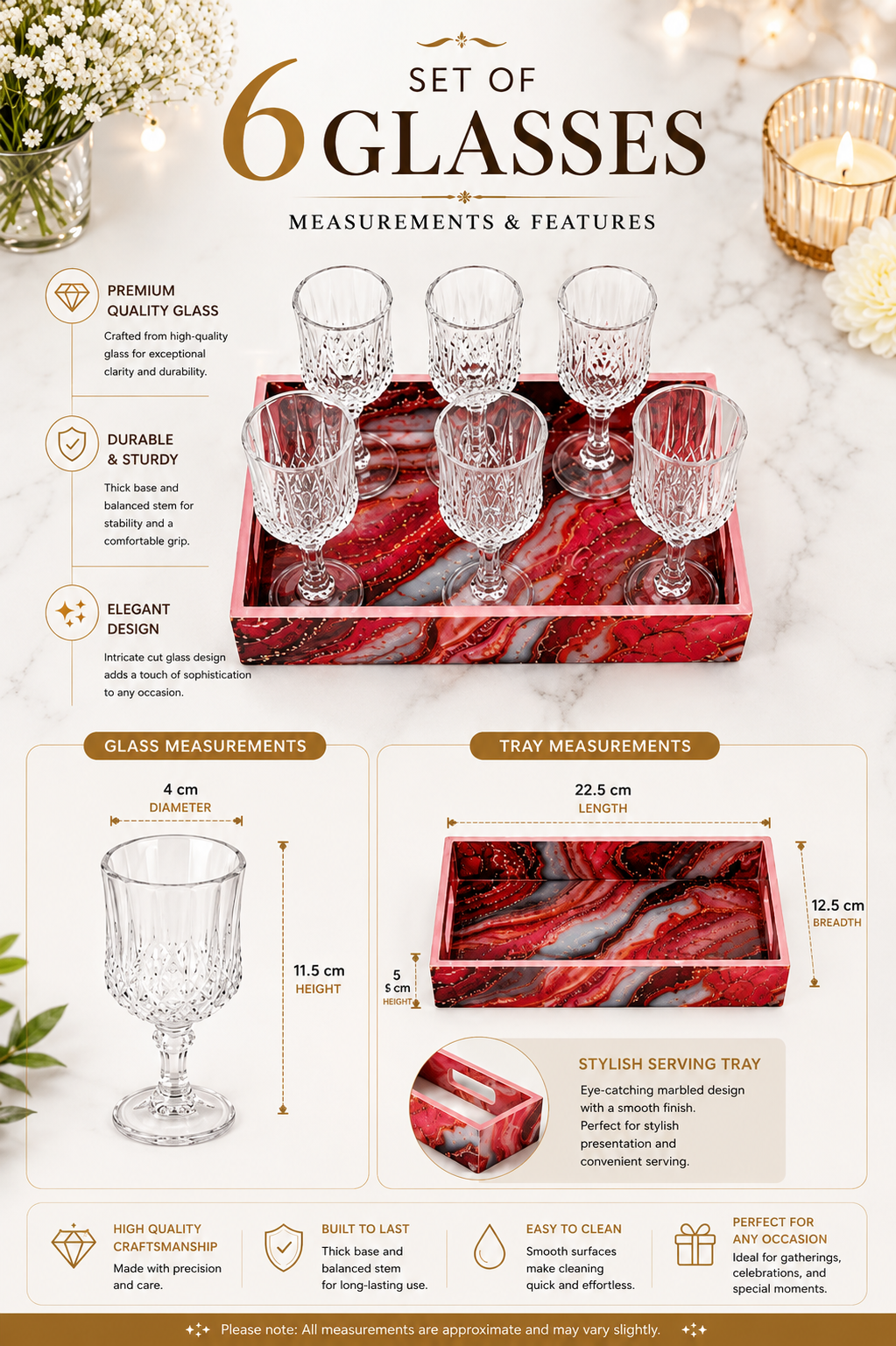 Premium Shot Glass Set Of 6 With MDF Resin Tray | Clear Designer Liqueur Glasses For Vodka, Whiskey, Tequila & Cocktails | Barware Set For Home & Parties