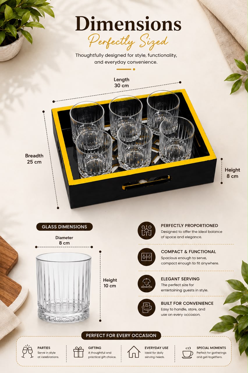 Premium Wooden Serving Tray with 6 Glasses Set | Black & Gold Serving Tray with Premium Glass Tumblers | Tea, Juice, Whisky, Water, Cocktail & Mocktail Serving Set | Home, Office, Party & Gift