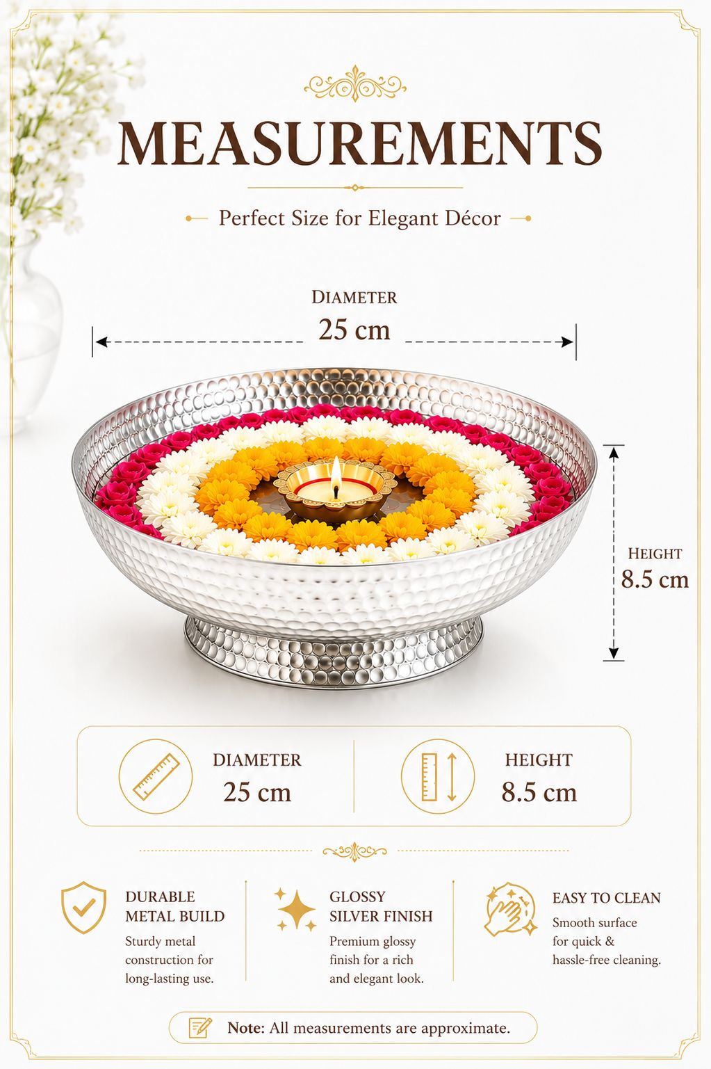 Premium Hammered Silver Urli Bowl | Decorative Metal Floating Flower Bowl for Water, Candles, Tea Lights & Diyas | Handcrafted Festival, Pooja, Wedding & Home Décor Centerpiece