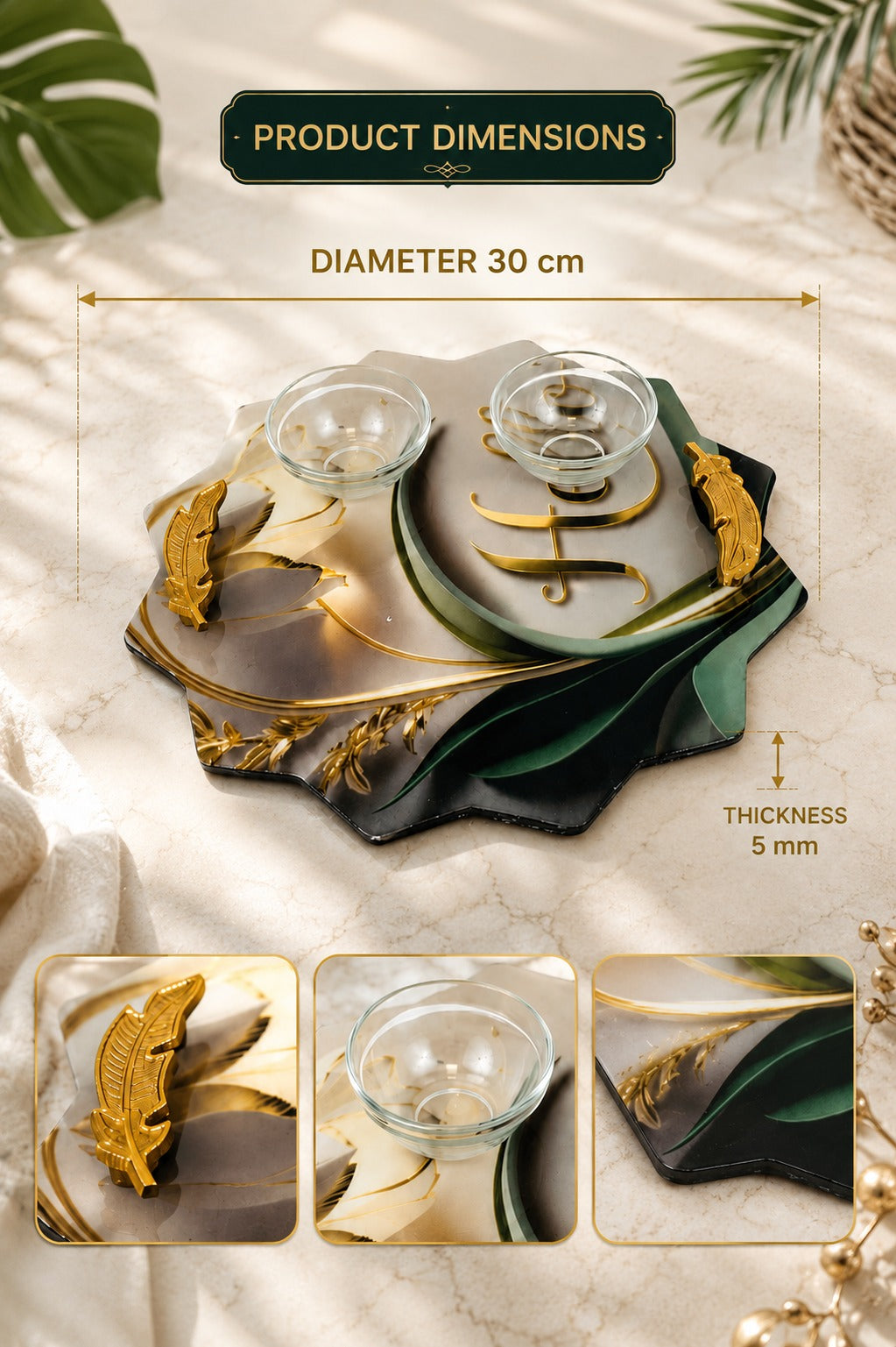 Premium Multipurpose Serving Tray with 2 Glass Bowls & Gold Handles | Decorative MDF Snack Serving Platter | Printed Serving Board for Snacks, Dry Fruits, Desserts & Tea Time
