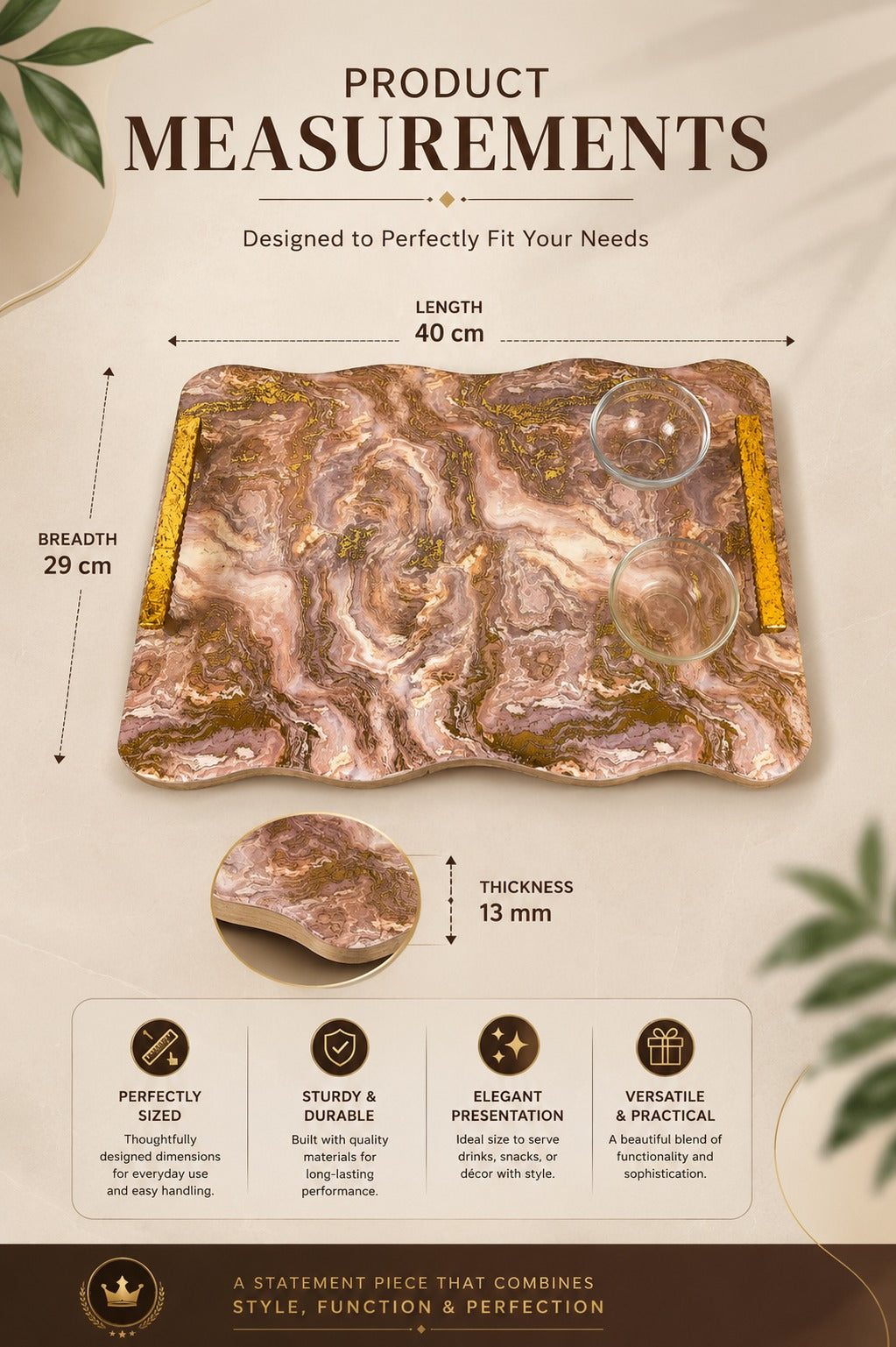 Premium Marble Design MDF Serving Tray with Gold Handles & 2 Glass Bowls | Decorative Multipurpose Snack Serving Platter | Luxury Tea Coffee Serving Board for Home, Parties & Gifting