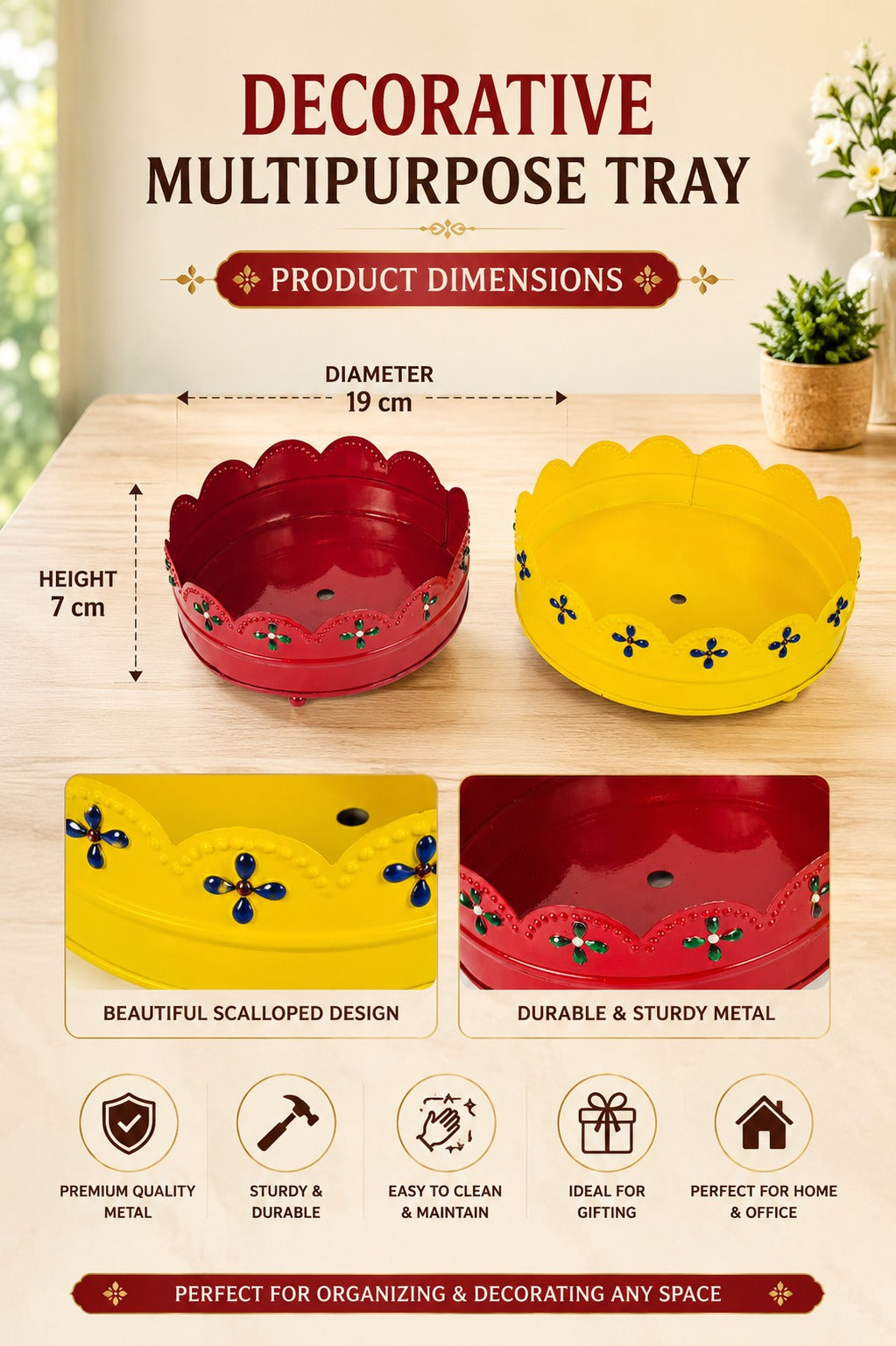 Premium Decorative Metal Tray Set of 2 | Round Multipurpose Gift Hamper Basket | Red & Yellow Floral Serving Trays | Fruit, Dry Fruit, Pooja & Home Decor Tray