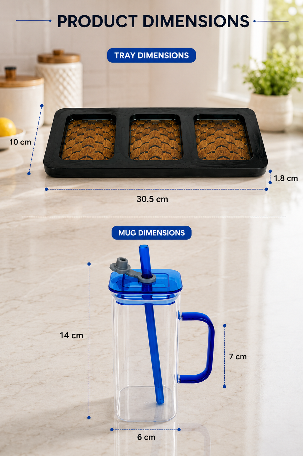 Double Wall Juice Glass Set Of 2 With Lid & Straw With MDF Serving Tray | Square Transparent Drink Glasses For Juice Water Cold Coffee Smoothies