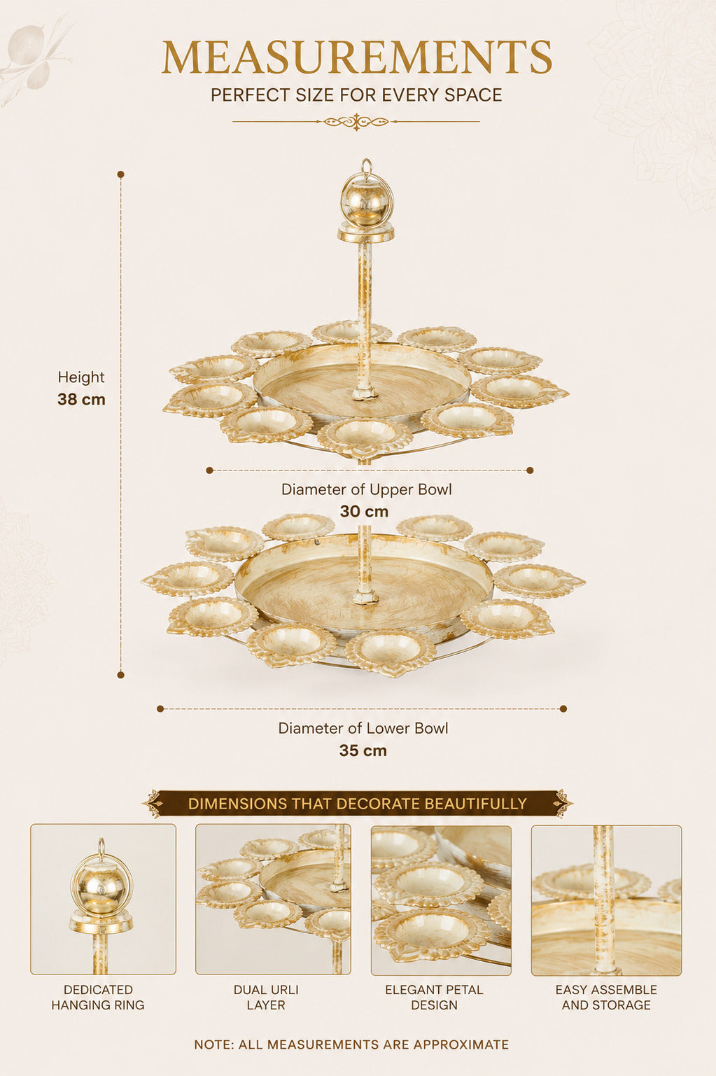 Premium Dual Layer Urli Bowl with 24 Tea Light Holders | Decorative Metal Floating Flower Stand | Antique Gold & Ivory Finish for Diwali, Pooja, Weddings, Festivals & Home Décor