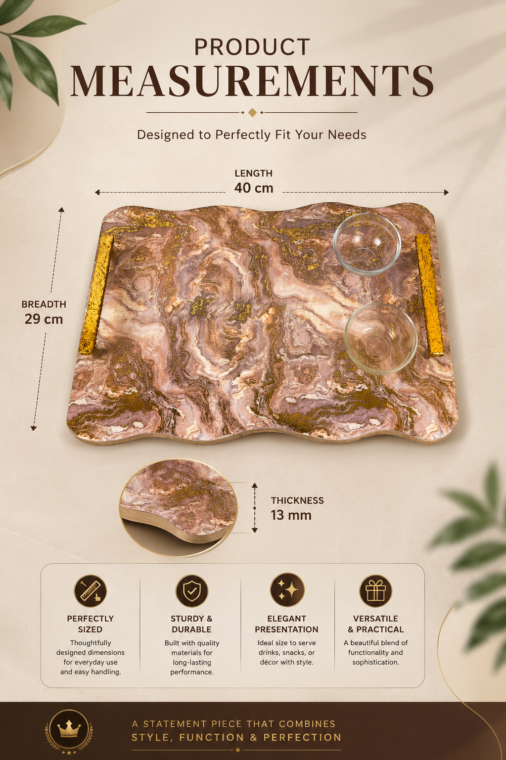Premium Marble Design MDF Serving Tray with 2 Glass Bowls & Gold Handles | Decorative Multipurpose Serving Platter | Luxury Tea, Coffee, Snacks & Dry Fruit Serving Tray