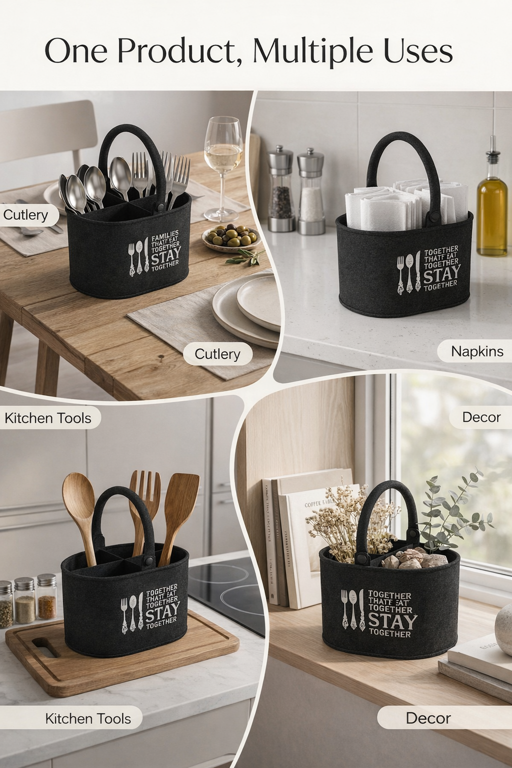 Premium Metal Cutlery Holder with Handle | 4 Compartment Utensil Caddy Basket Organizer | Portable Spoon, Fork, Knife & Napkin Stand for Kitchen, Dining Table & Home Storage