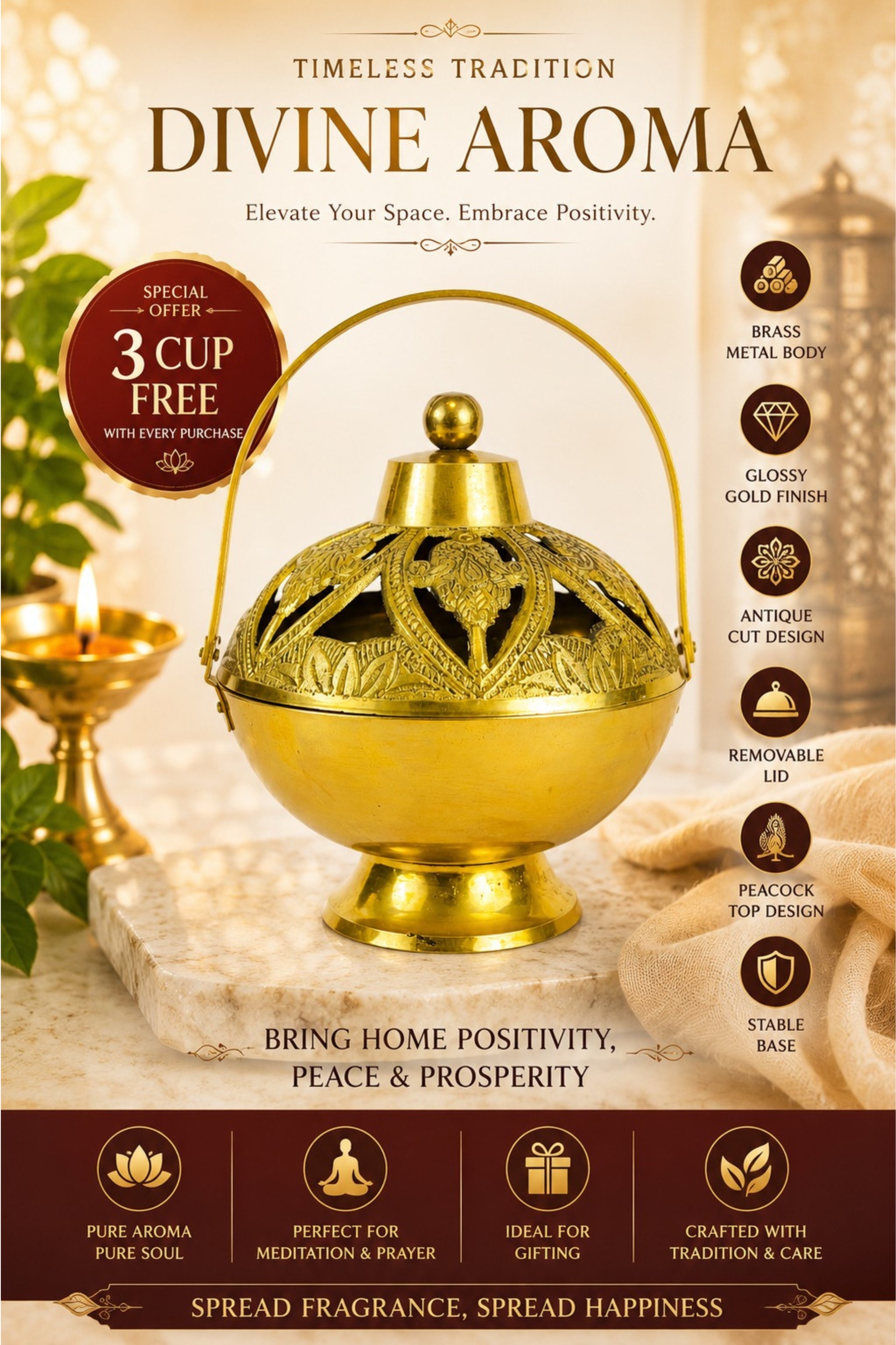 Premium Brass Metal Incense Burner with Handle | Handcrafted Dhoop Dani for Sambrani, Loban, Dhoop Cups & Resin Incense | Decorative Smoke Diffuser for Home, Temple & Pooja Room