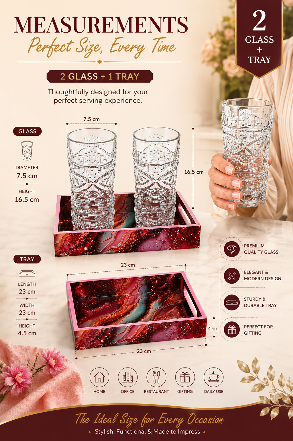 Premium Beer Glass Set with Decorative MDF Serving Tray | 2 Crystal Clear Tall Beer Glasses with Marble Finish Tray | Heavy Drinking Glasses for Beer, Juice, Soft Drinks & Home Bar Gift Set