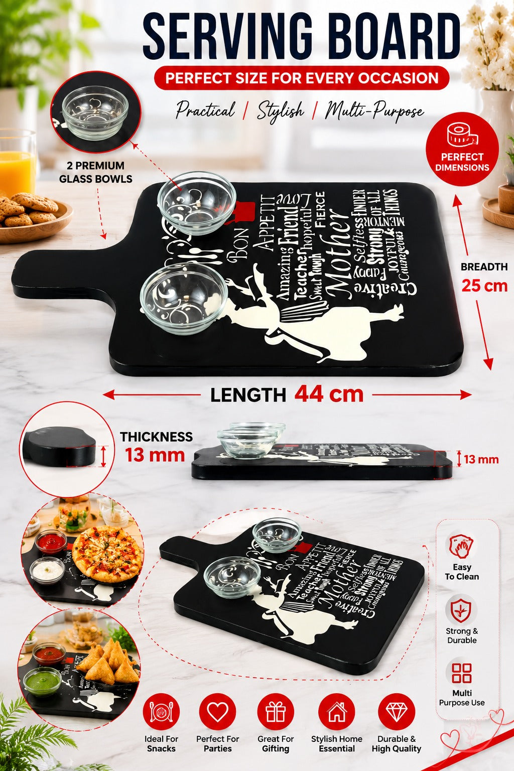 Premium MDF Serving Platter with Handle | Wooden Snack & Pizza Serving Board | Serving Tray with 2 Glass Dip Bowls | Cheese, Burger, Fries & Appetizer Platter | 44 x 25 cm