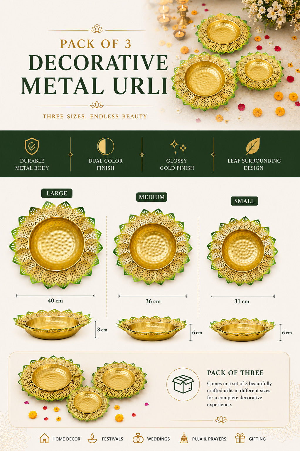 Decorative Lotus Metal Urli Bowl Set for Floating Flowers & Candles | Designer Festival & Home Decor (Set of 3, Green & Gold)