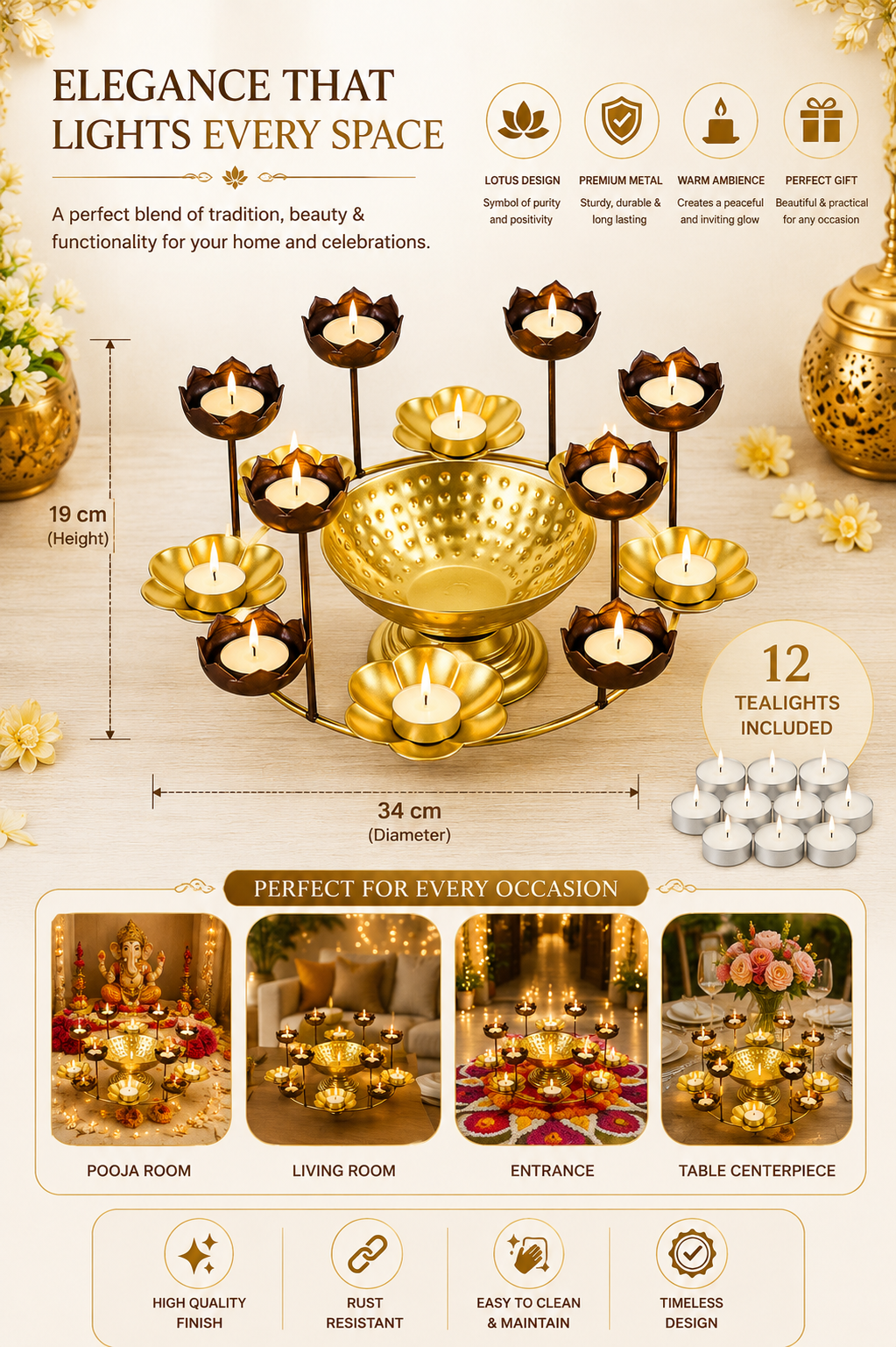 Premium Lotus Urli Bowl with Elevated Tea Light Holders | Decorative Hammered Metal Floating Flower Bowl | Gold Finish Candle Centerpiece for Diwali, Pooja, Weddings, Festivals & Home Décor