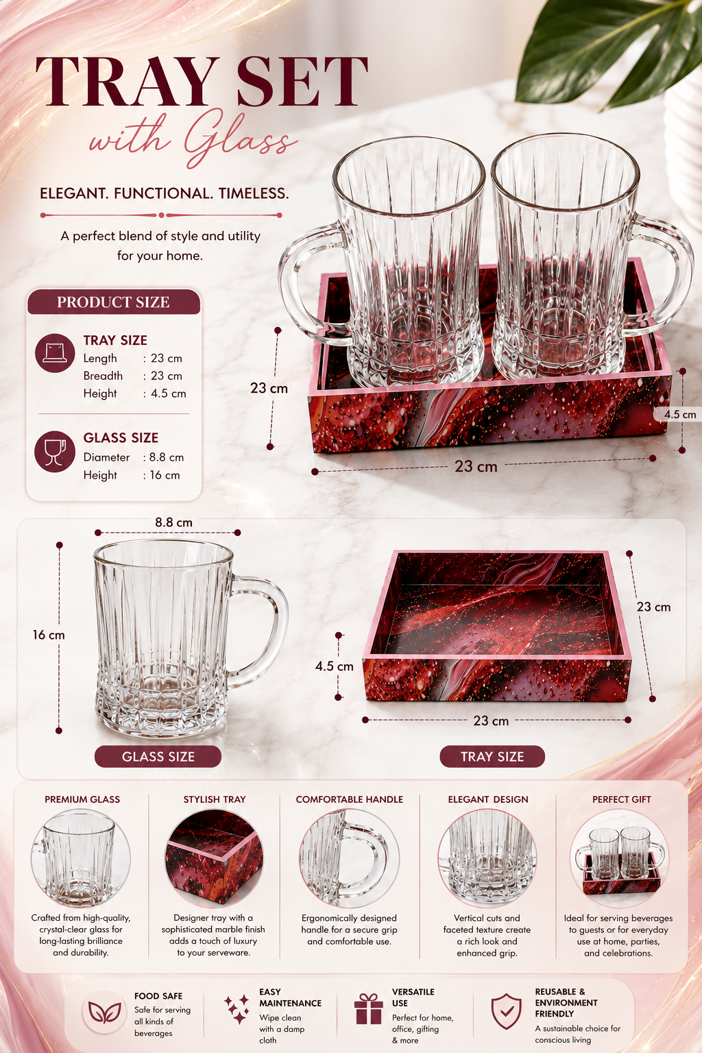 Premium Beer Mug Set with Decorative MDF Serving Tray | 2 Crystal Clear Glass Beer Mugs with Marble Finish Tray | Heavy Handle Beer Glasses for Beer, Juice, Soft Drinks & Home Bar Gift Set
