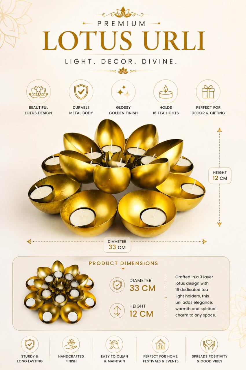 Golden Metal Urli Cum Tealight Holder Set | Decorative Diya & Flower Urli for Festive Home Décor