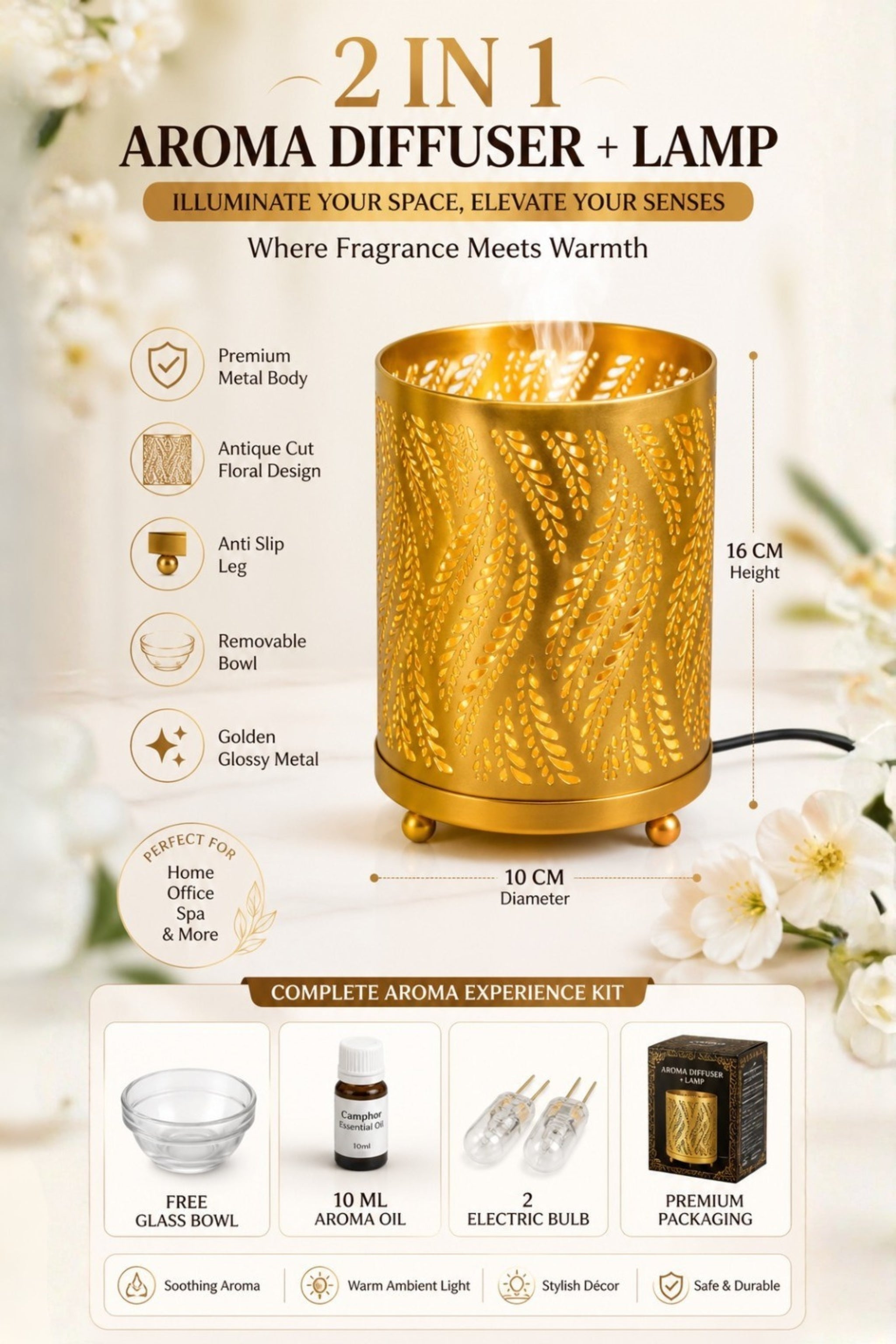 Leaf Pattern Electric Diffuser Lamp | Metal Aroma Burner with Warm Light Projection for Home Décor & Relaxation
