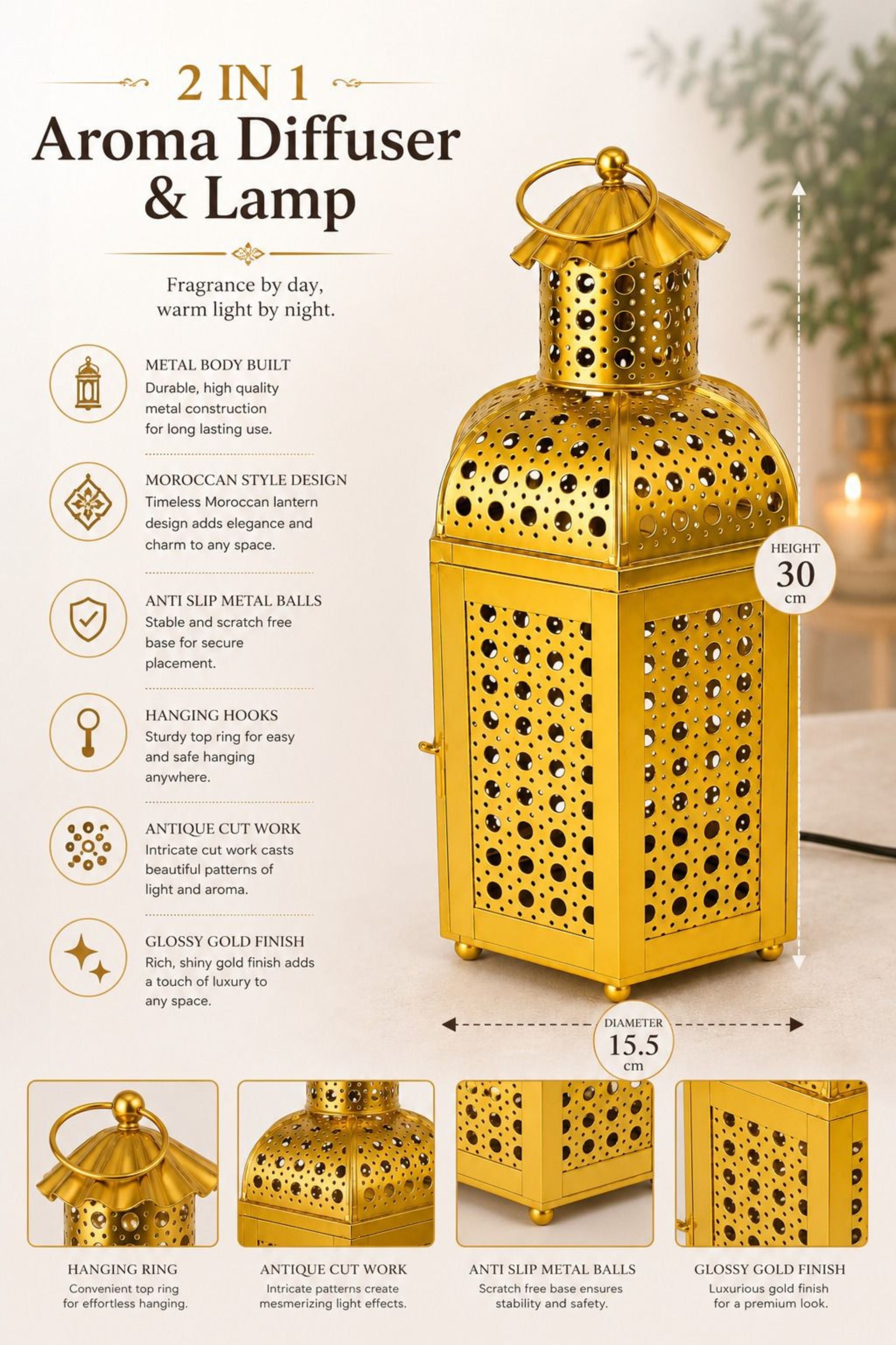 Premium Lantern Style Metal Aroma Diffuser Lamp with Essential Oil | Elegant Cutwork Electric Burner | Warm Ambient Light Aromatherapy Diffuser | Decorative Fragrance Lamp for Home & Gifting