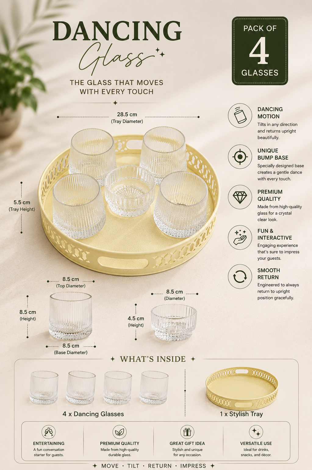 Premium Dancing Glass Serving Set with Round Metal Tray | 4 Self-Balancing Rocking Glasses & 1 Crystal Snack Bowl | Decorative Beverage Serving Set for Tea, Juice, Whisky, Cocktails & Home Décor