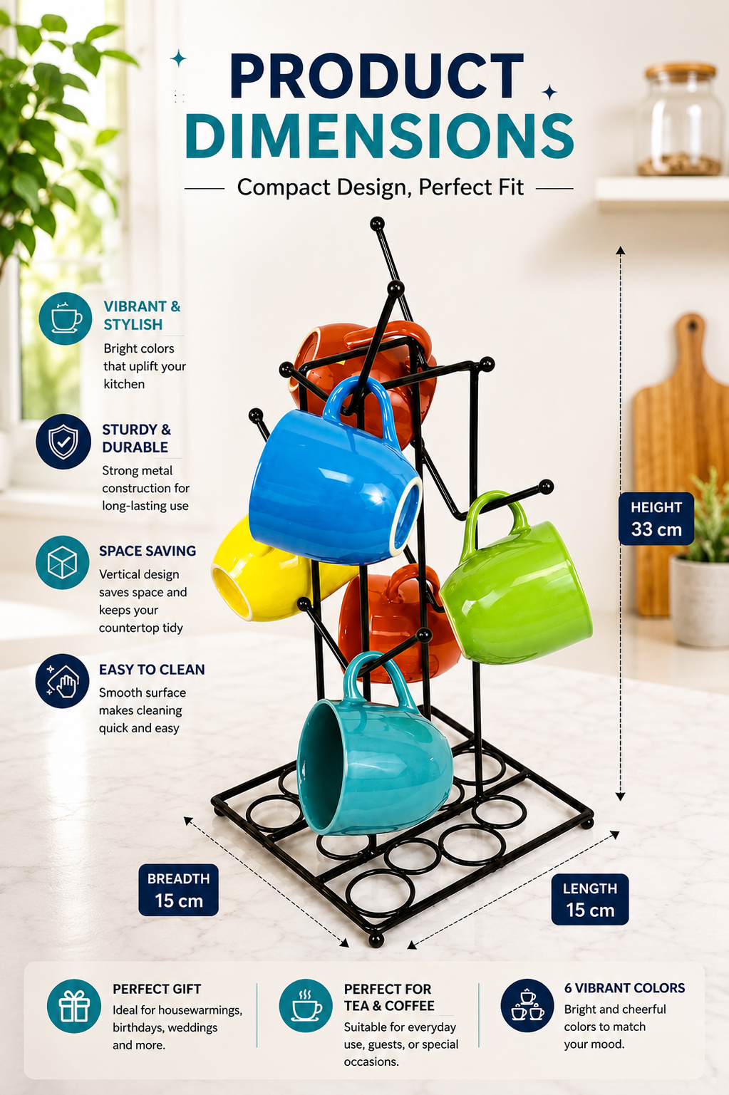 6 Colorful Ceramic Coffee Mug Set with Metal Mug Tree Stand | Space Saving Cup Holder Rack | Tea & Coffee Cups with Durable Metal Stand | Modern Kitchen Counter Organizer | Gift Set for Home & Office