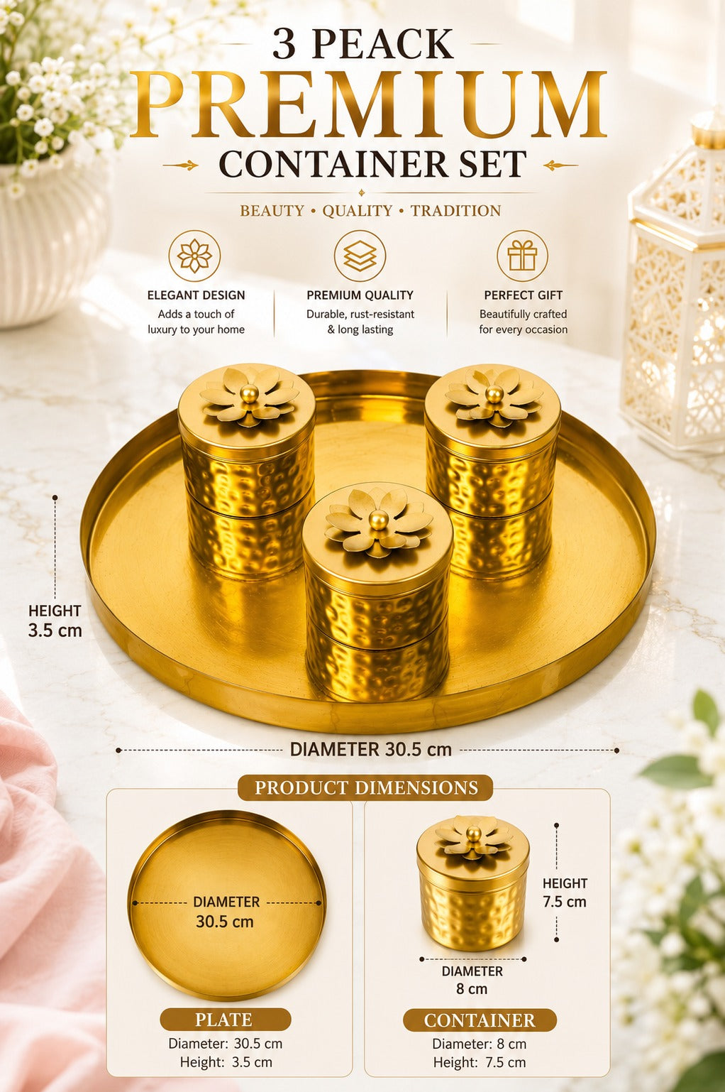 Premium 3 Piece Metal Storage Container Set with Round Serving Tray | Decorative Gold Canister Set for Dry Fruits, Snacks, Mukhwas & Kitchen Storage | Elegant Organizer for Home & Gifting