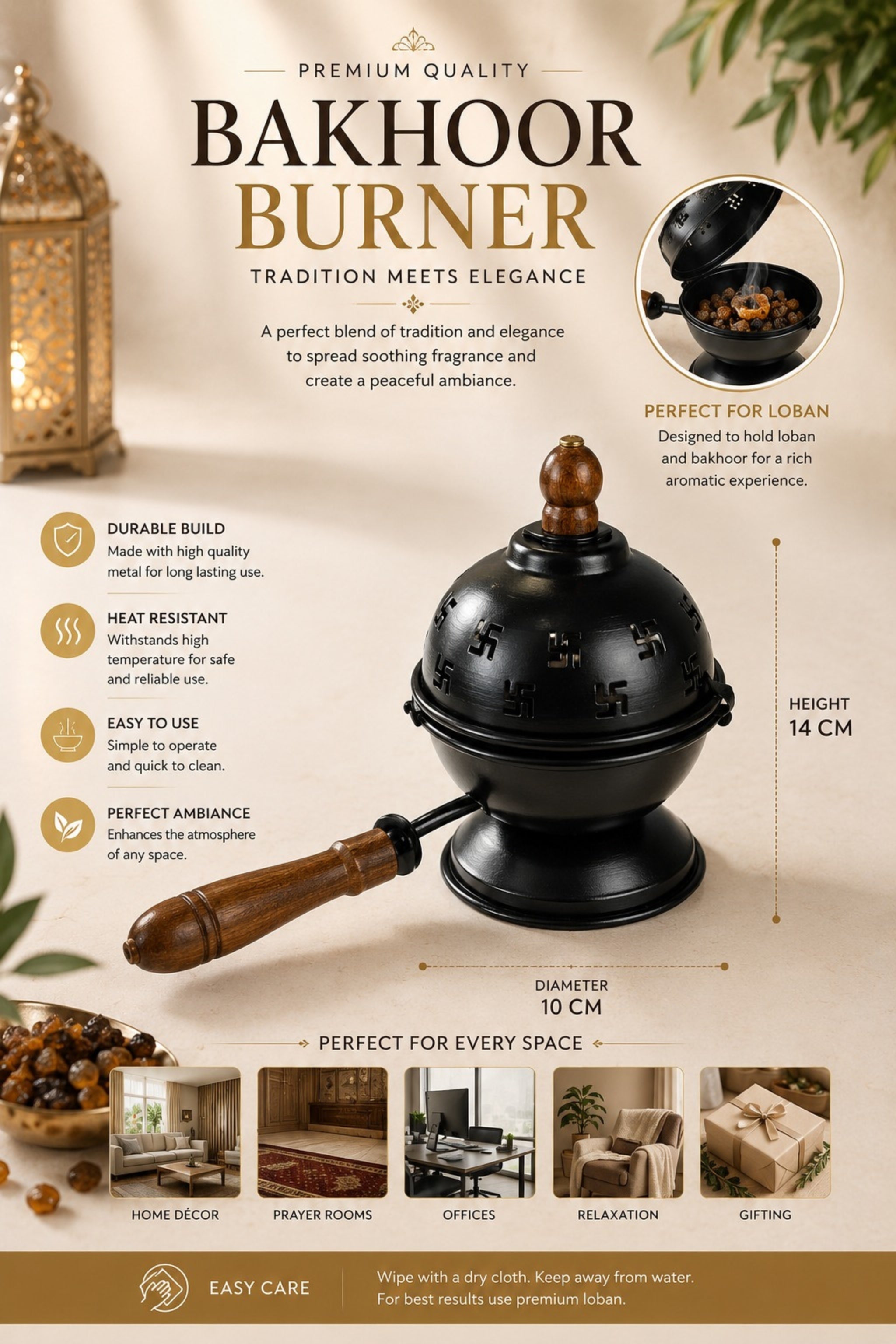 Premium Metal Loban Burner with Wooden Handle & 3 Free Loban Cups | Heat Resistant Incense Burner for Loban, Dhoop, Sambrani Cups, Bakhoor & Camphor | Home Temple, Meditation & Pooja Decor