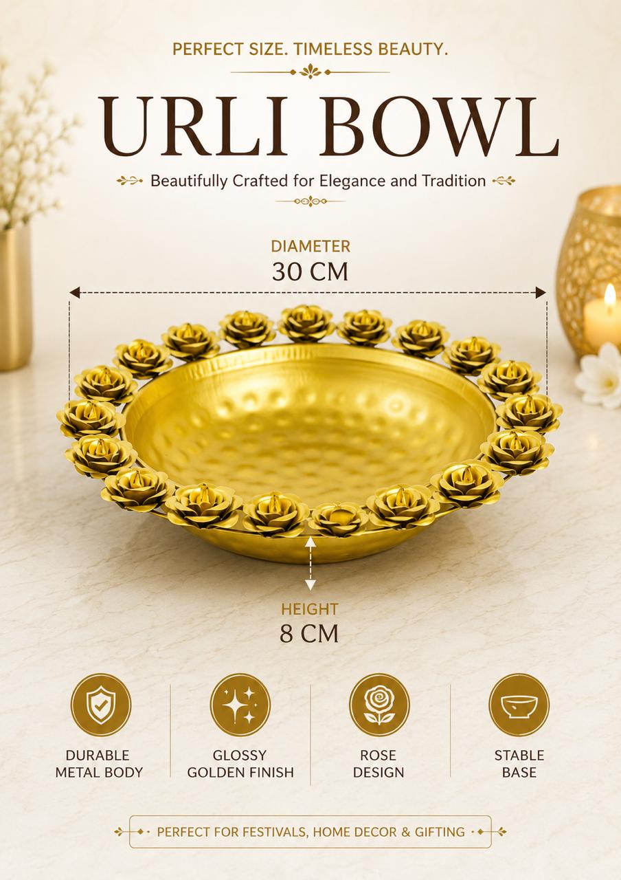 Premium Metal Urli Bowl with Rose Diya Holders | Decorative Floating Flower Urli for Water, Candles & Tea Lights | Traditional Pooja Urli for Diwali, Home Décor, Wedding & Festive Decoration