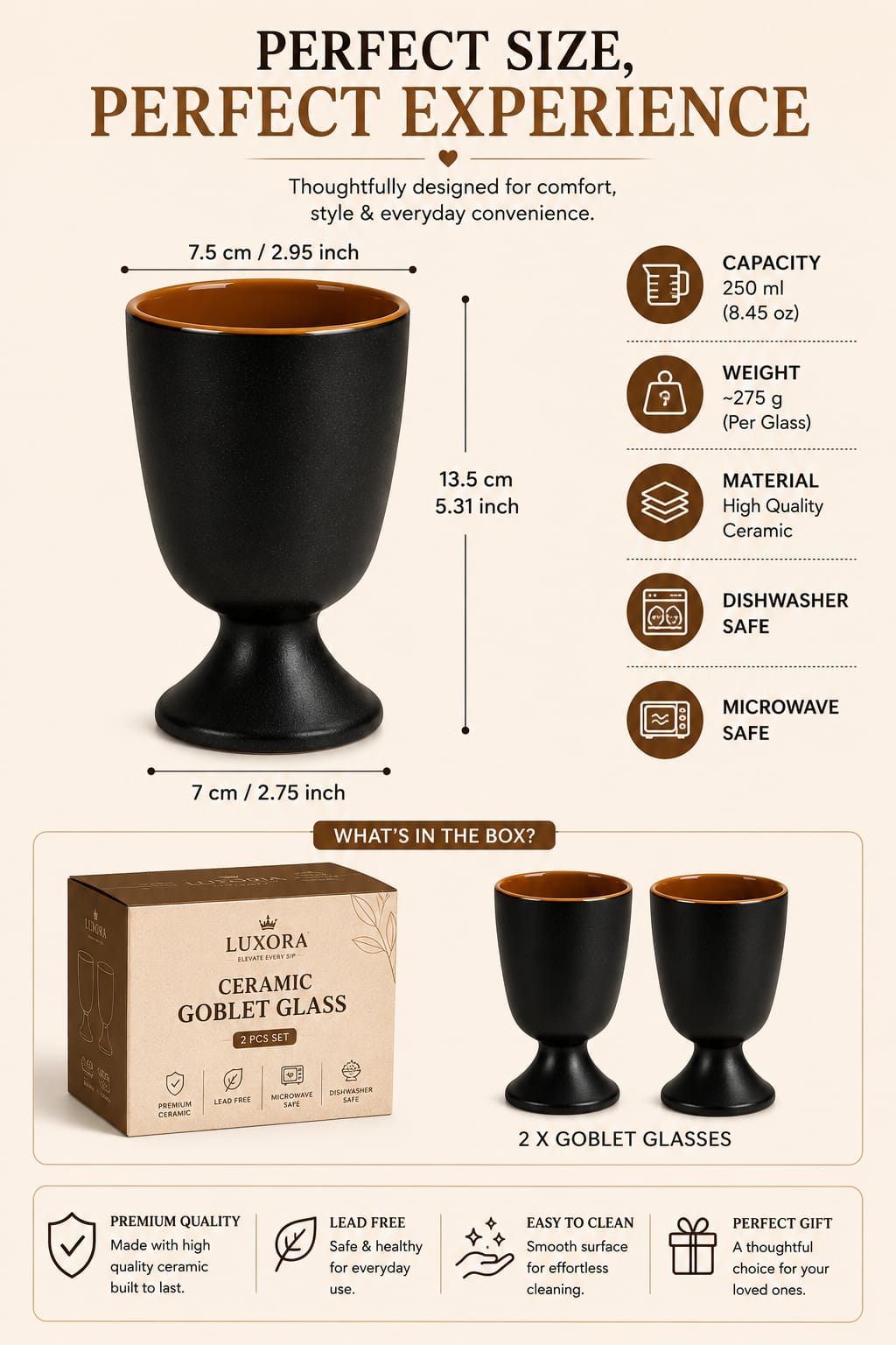 Set of 2 Modern Ceramic Goblet Glasses 250 ml | Matte Black Stemmed Drinking Cups with Glossy Brown Interior | Premium Ceramic Cups for Coffee Tea Milk Hot Chocolate Juice & Cold Beverages