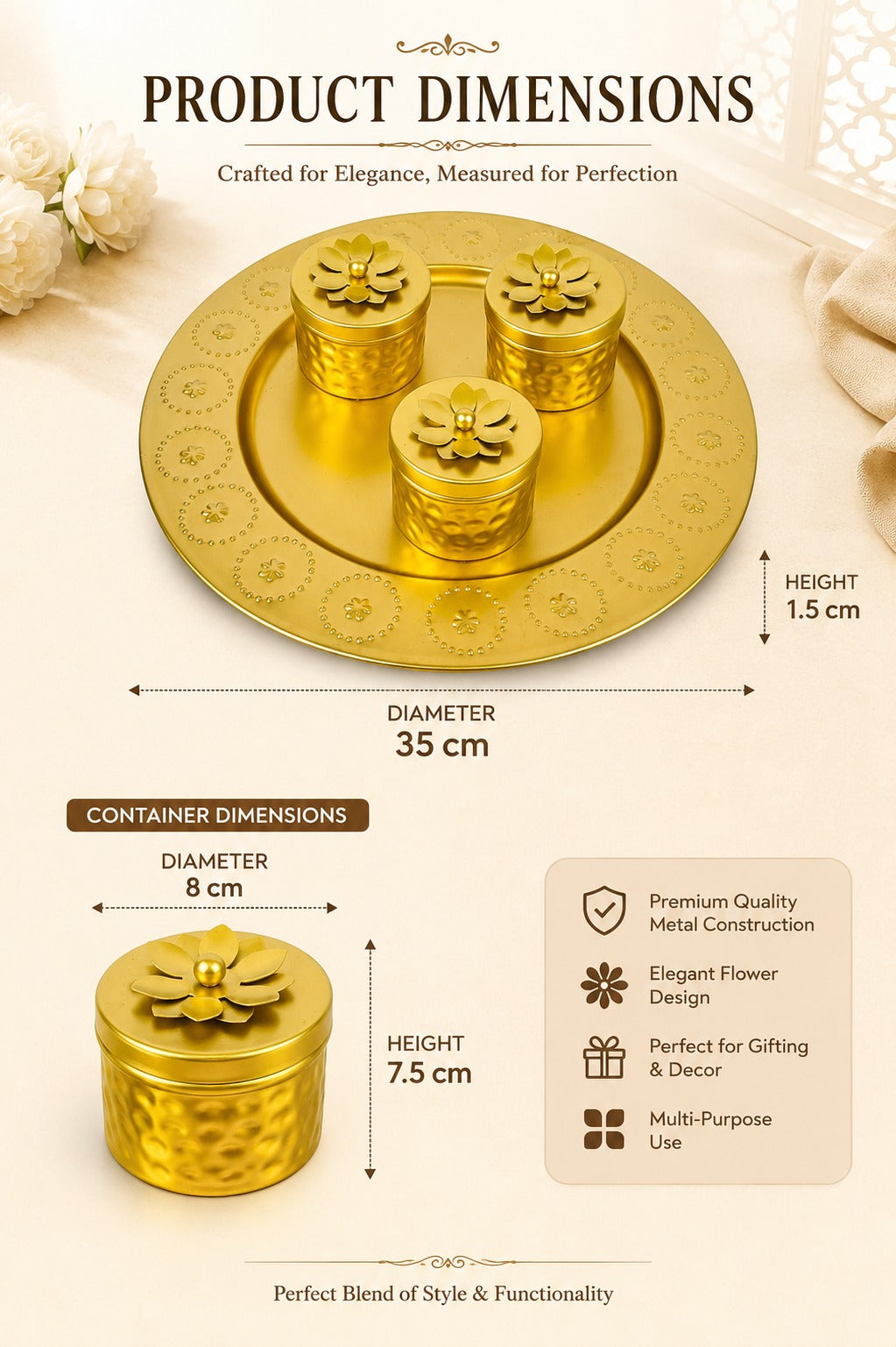 Premium Metal Dry Fruit Serving Tray Set with 3 Floral Containers | Decorative Round Platter for Dry Fruits, Sweets, Chocolates & Mukhwas | Luxury Festive Gift Hamper Tray for Diwali, Weddings & Home Décor