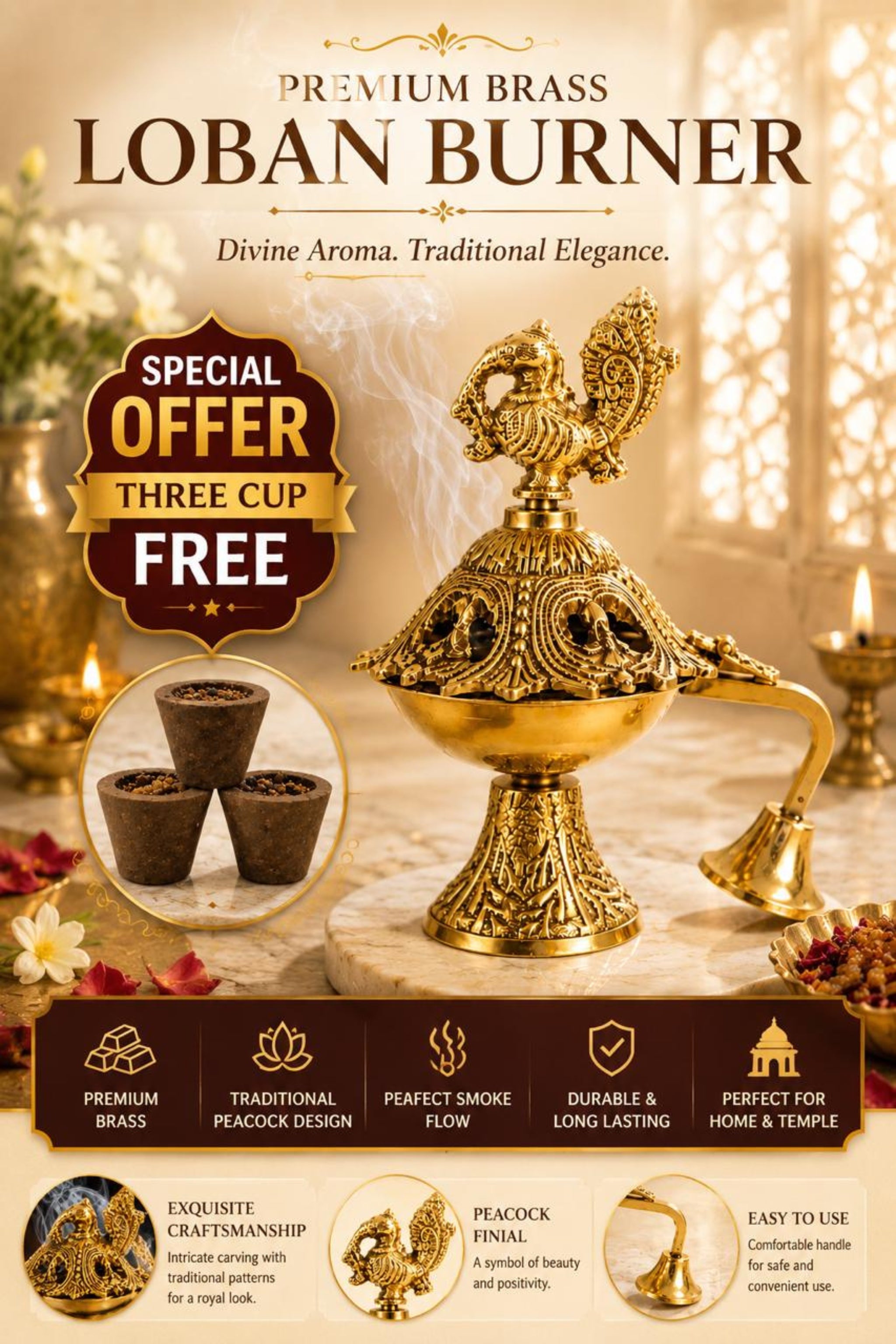 Premium Peacock Brass Incense Burner with Handle | Handcrafted Brass Dhoop Dani for Sambrani, Loban, Dhoop Cups & Resin Incense | Decorative Pooja Dhuni Burner for Home & Temple