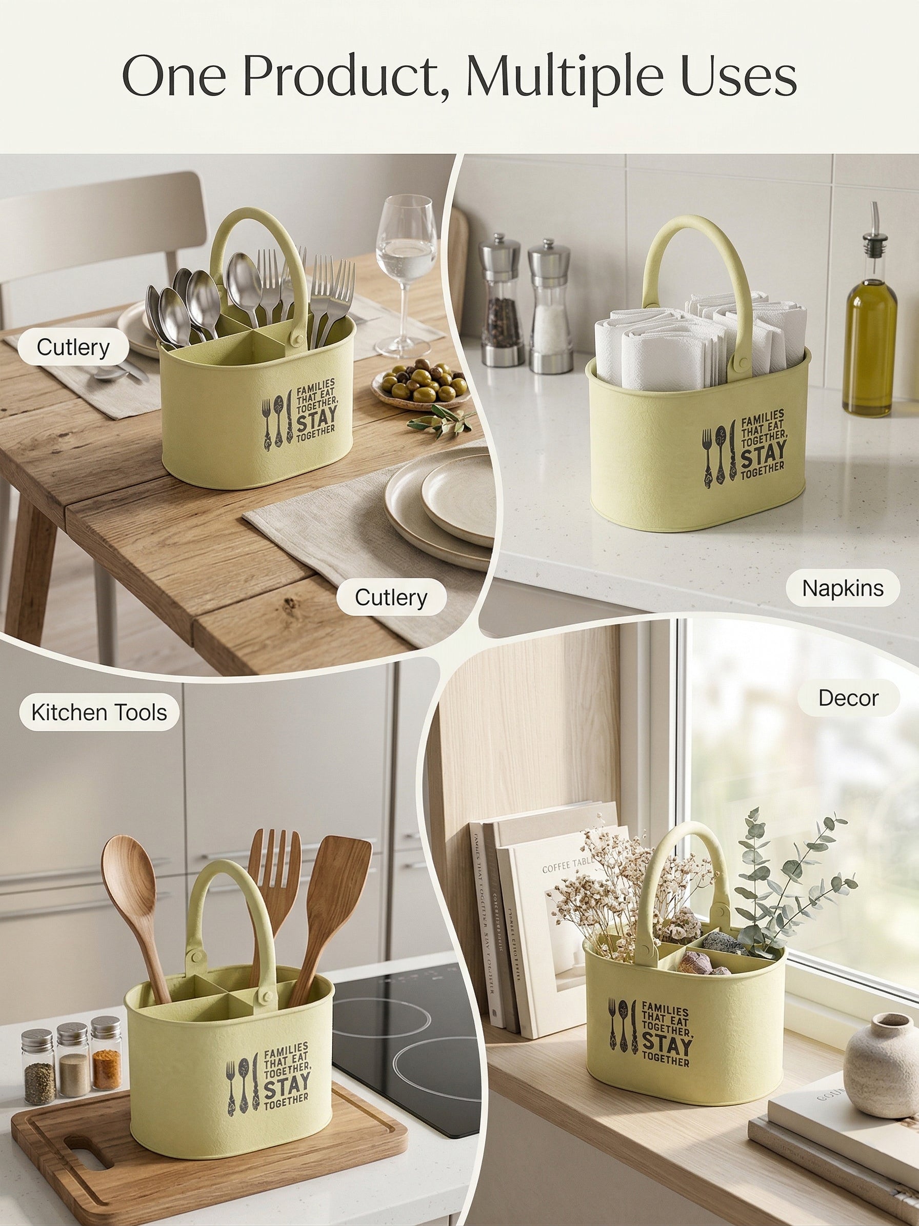Premium Metal Cutlery Holder with Handle | 4 Compartment Utensil Caddy Basket Organizer | Portable Spoon, Fork, Knife & Napkin Stand for Kitchen, Dining Table & Home Storage