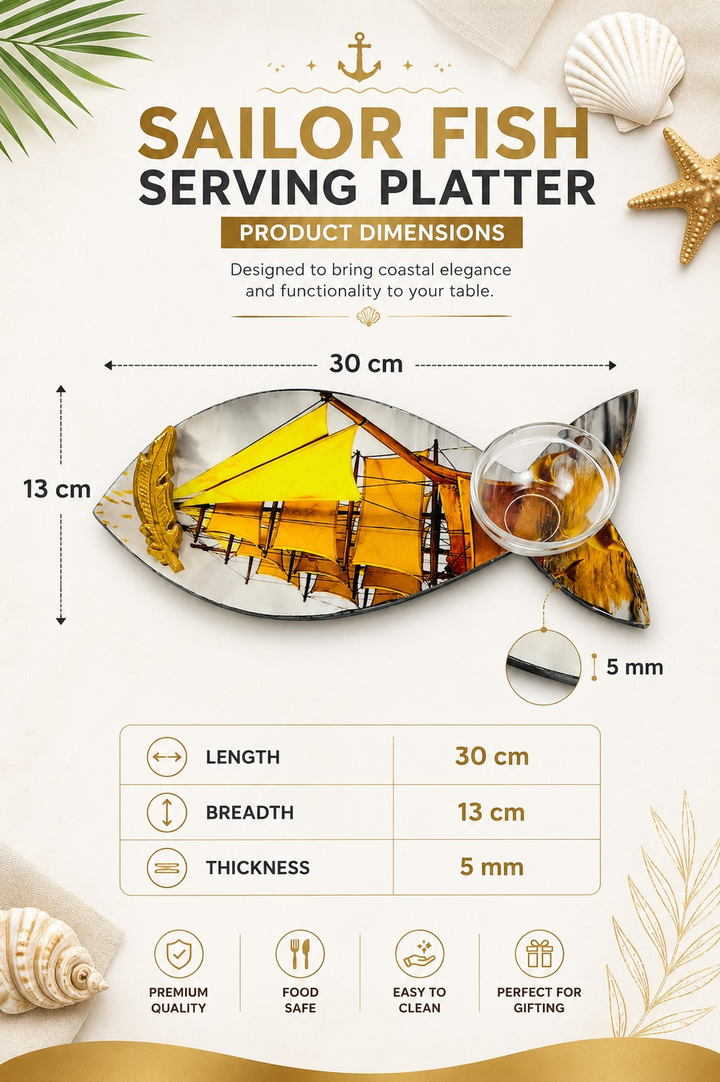 Premium Fish Shape MDF Serving Platter with Glass Dip Bowl & Gold Leaf Handle | Decorative Multipurpose Snack Serving Tray | Designer Fish Serving Board for Appetizers, Seafood & Gifting