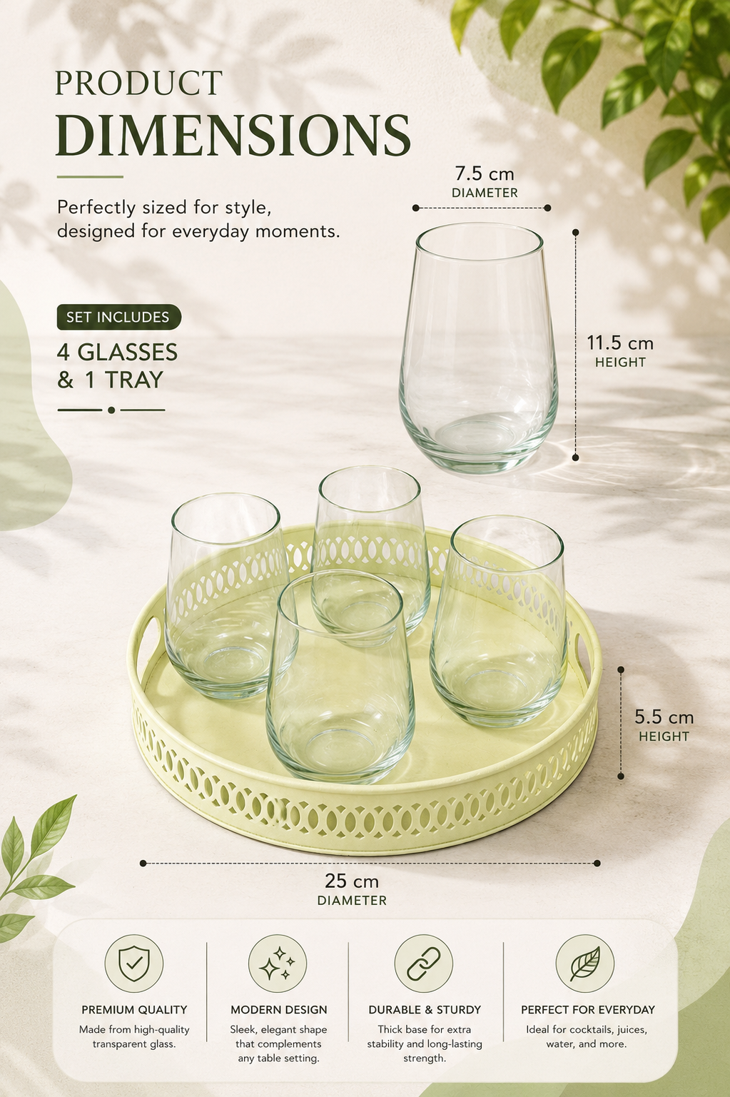 Set Of 4 Wine Glasses With Ivory Metal Tray | Premium Whisky Liqueur Glass Set With Serving Tray For Home Bar, Parties & Gifting