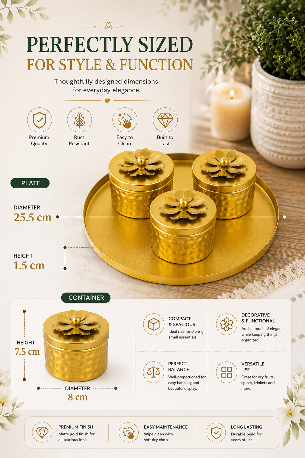 Premium 3 Piece Metal Storage Container Set with Round Serving Tray | Gold Dry Fruit, Mukhwas & Spice Container Set | Decorative Kitchen Organizer for Home, Dining & Gifting
