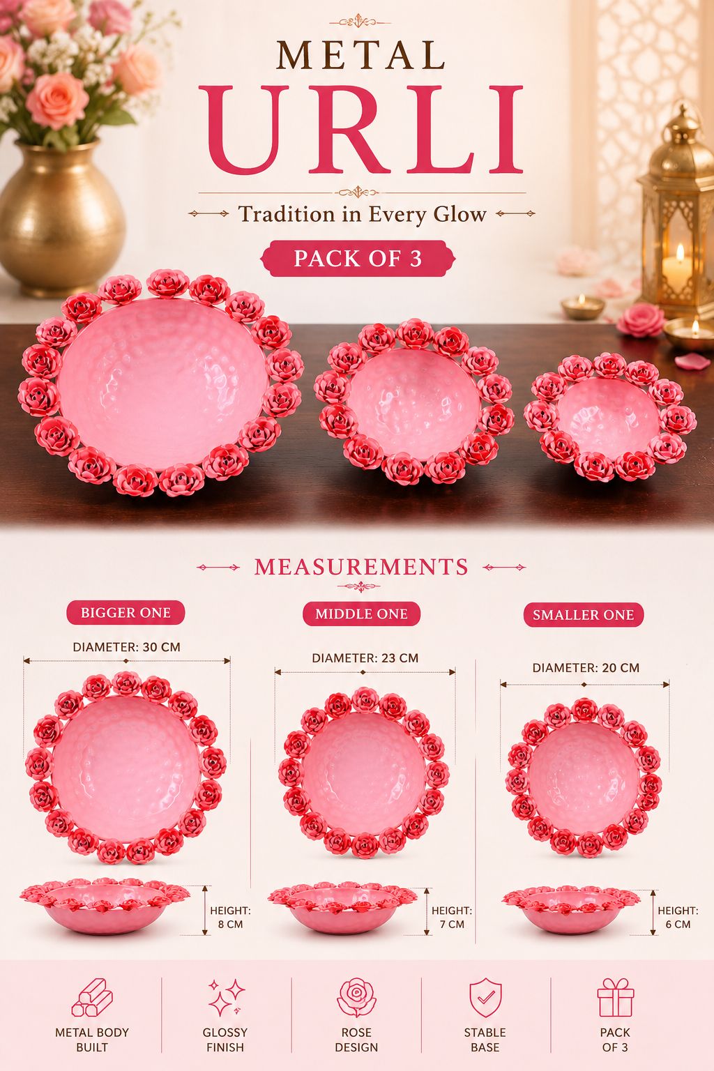 Decorative Metal Urli Bowl Set with Rose Border | Floating Flower & Candle Urli for Home & Festival Decor (Set of 3, Pink)